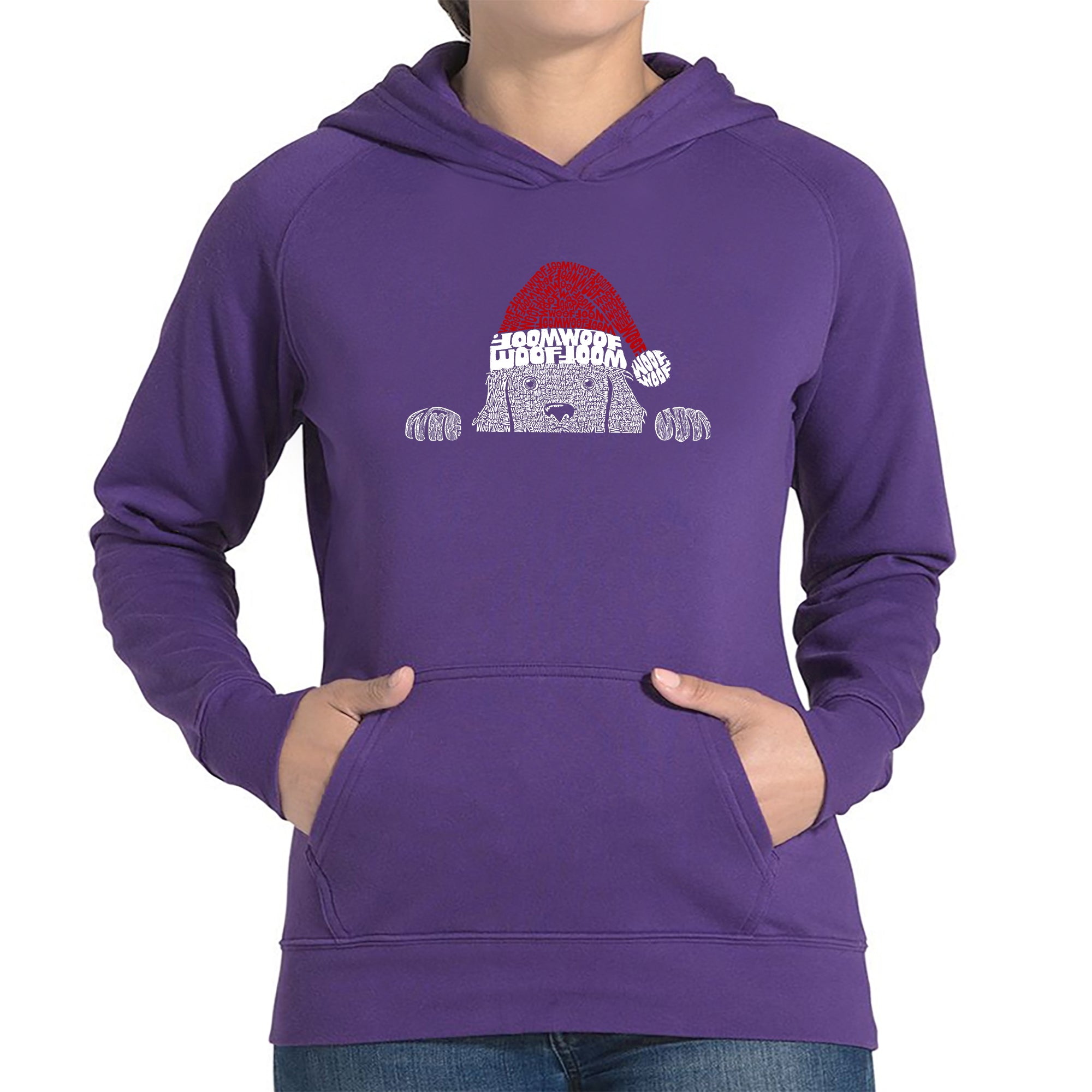Christmas Peeking Dog - Women's Word Art Hooded Sweatshirt - Purple - Medium