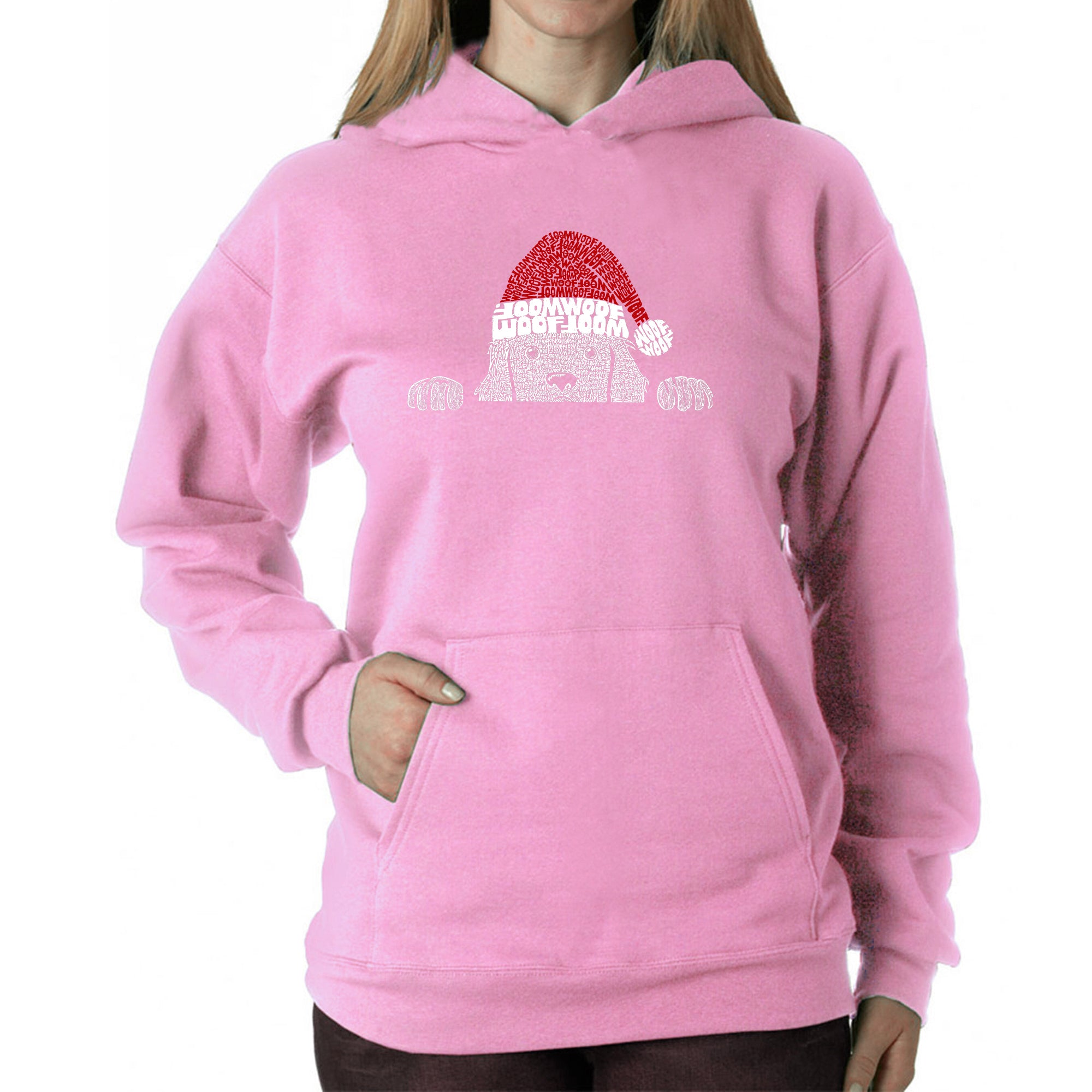 Christmas Peeking Dog - Women's Word Art Hooded Sweatshirt - Pink - Medium