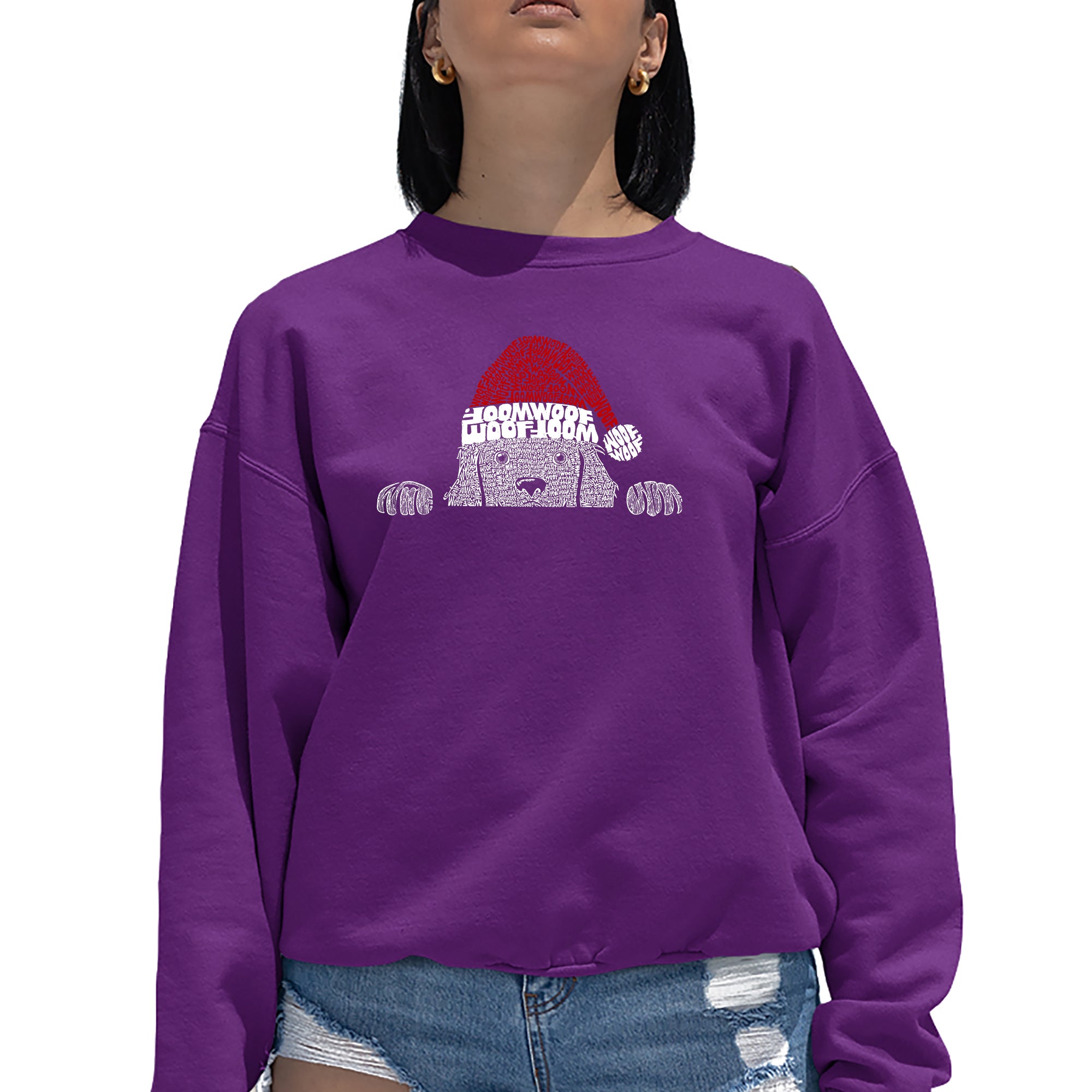 Christmas Peeking Dog - Women's Word Art Crewneck Sweatshirt - Purple - Small