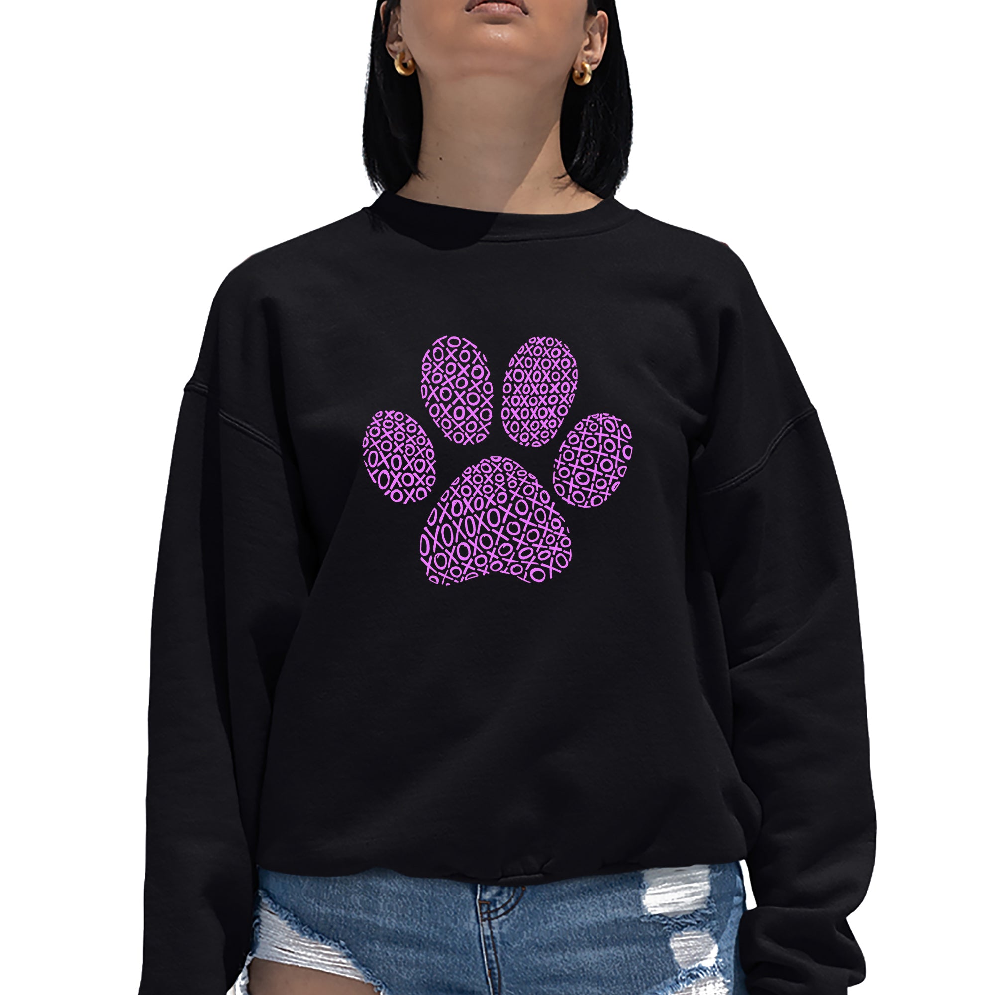 XOXO Dog Paw - Women's Word Art Crewneck Sweatshirt - Black - Medium