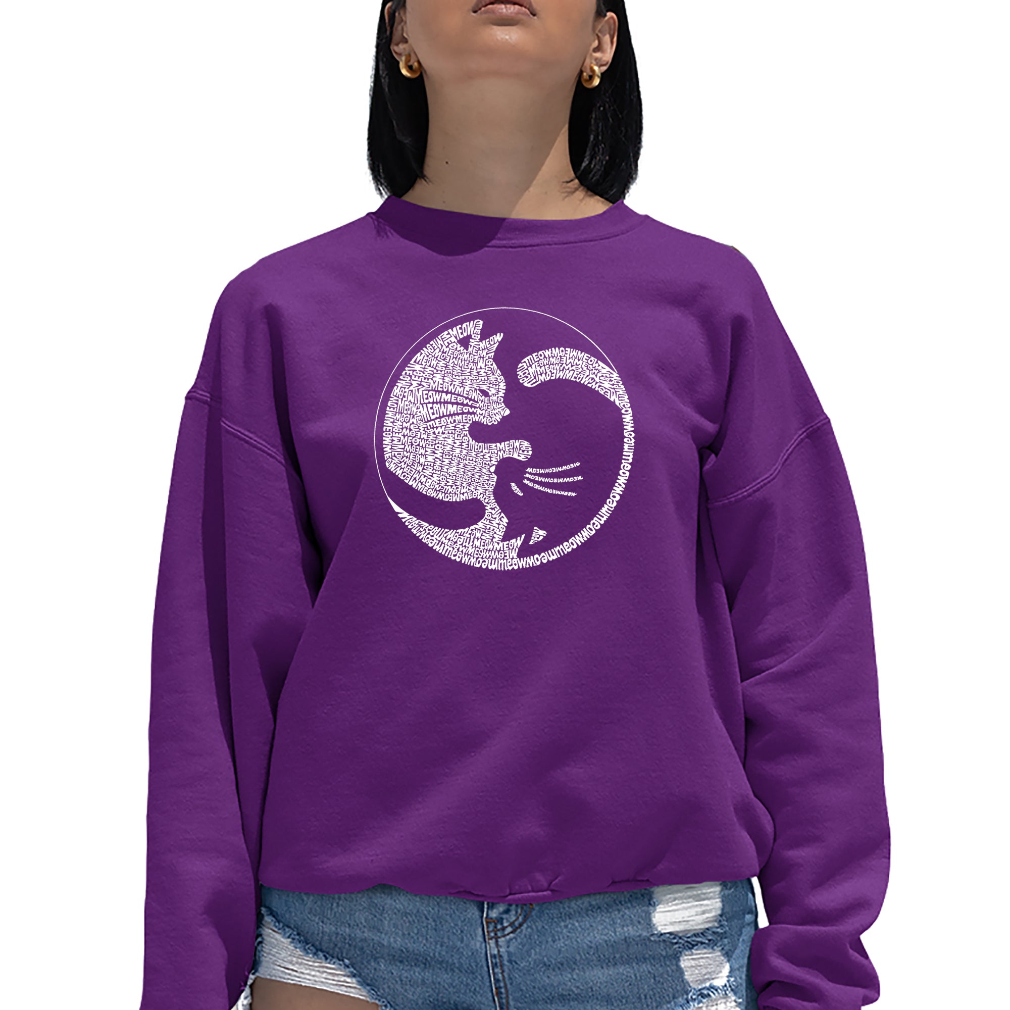 Yin Yang Cat Women's Word Art Crewneck Sweatshirt - Purple - XX-Large