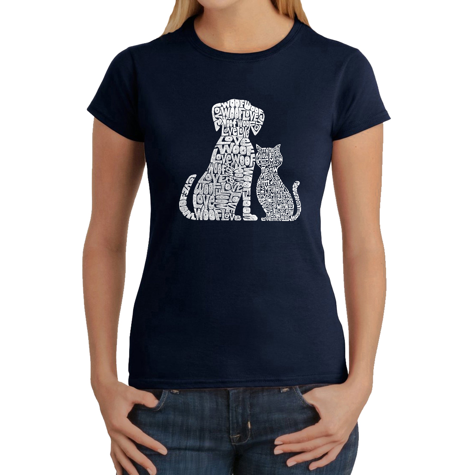 Dogs And Cats - Women's Word Art T-Shirt - Navy - X-Large