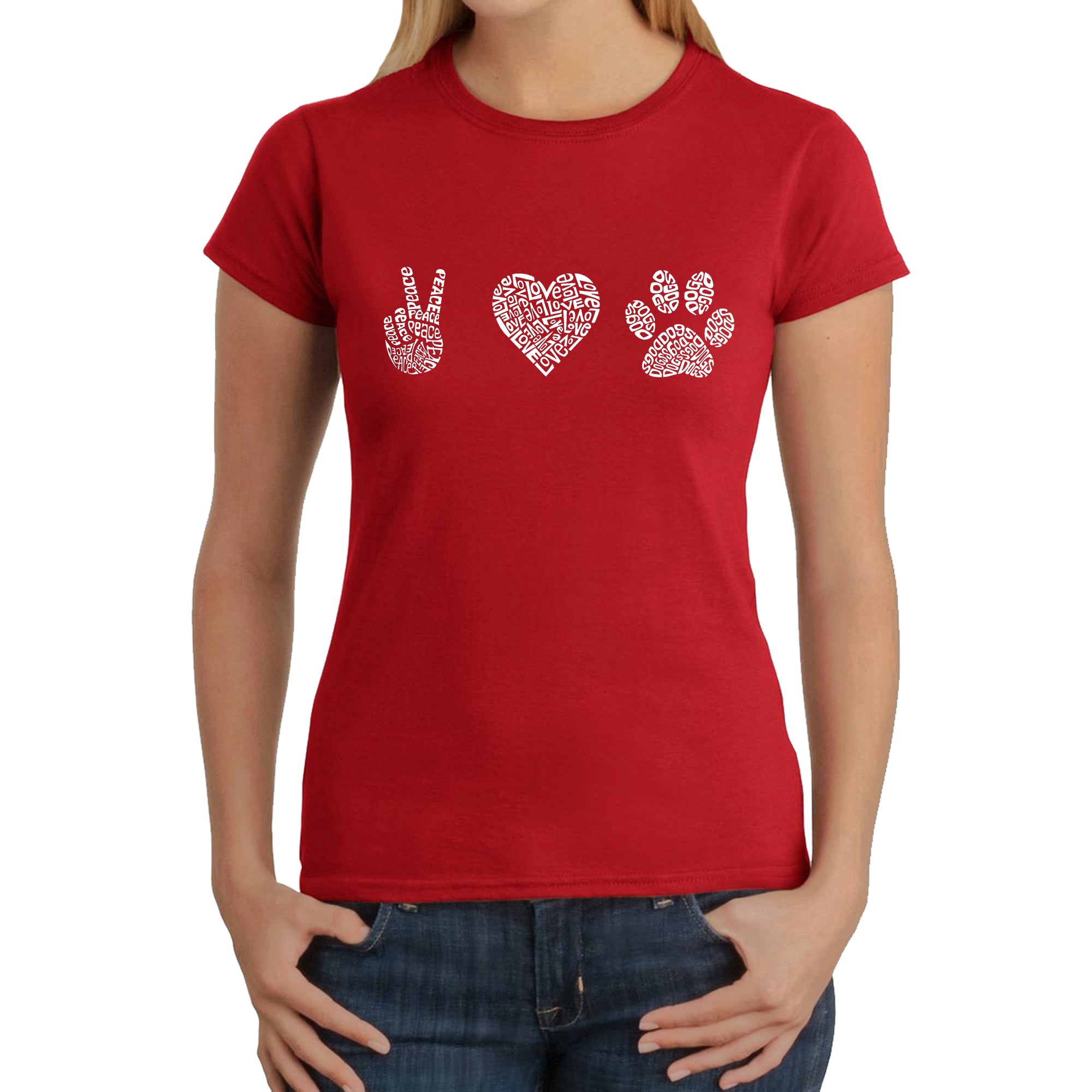 Peace Love Dogs - Women's Word Art T-Shirt - Red - Medium