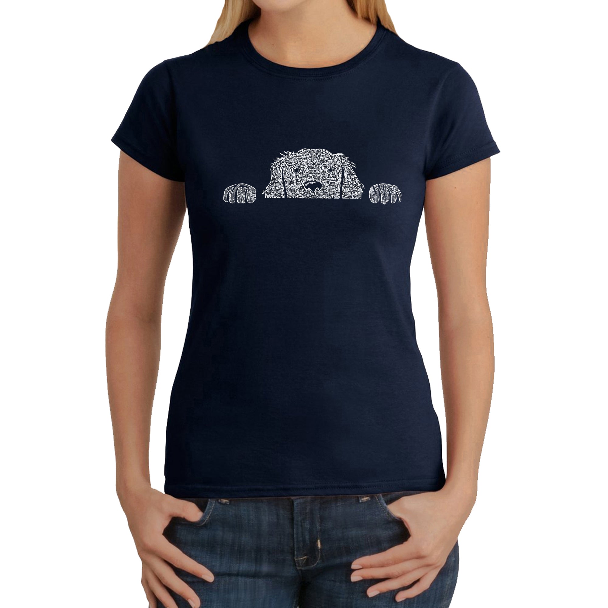 Peeking Dog - Women's Word Art T-Shirt - Navy - X-Large