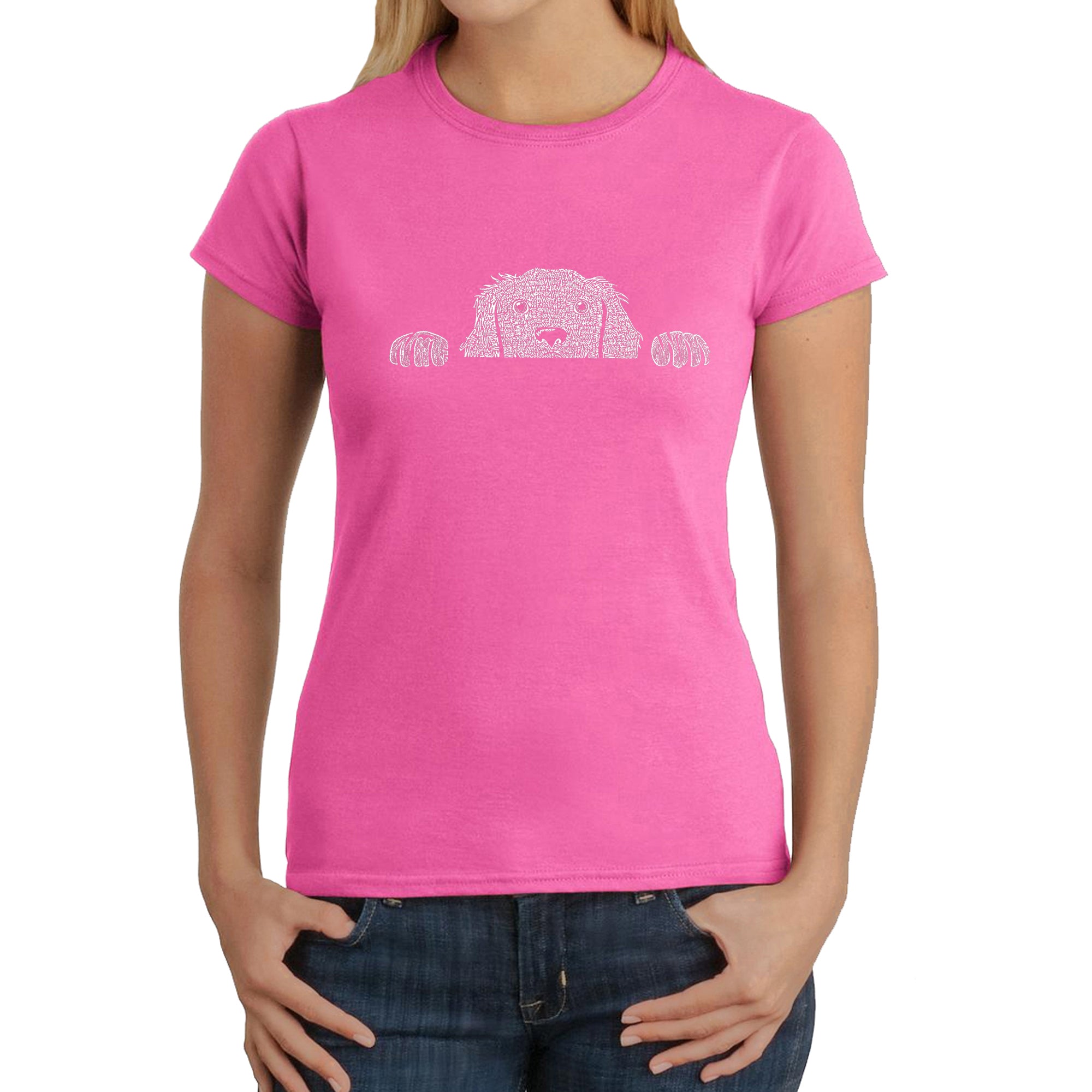 Peeking Dog - Women's Word Art T-Shirt - Pink - Small