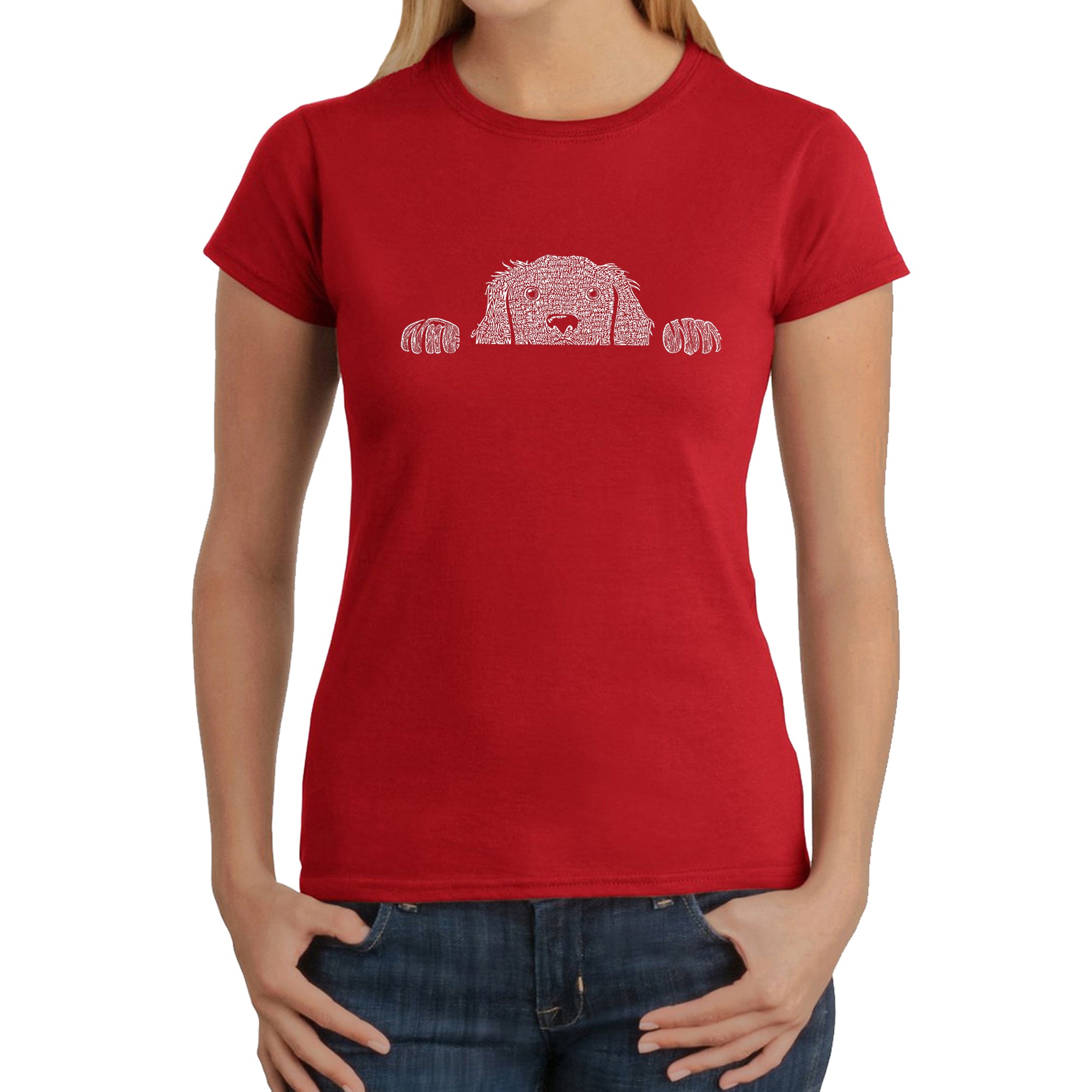 Peeking Dog - Women's Word Art T-Shirt - Red - Small