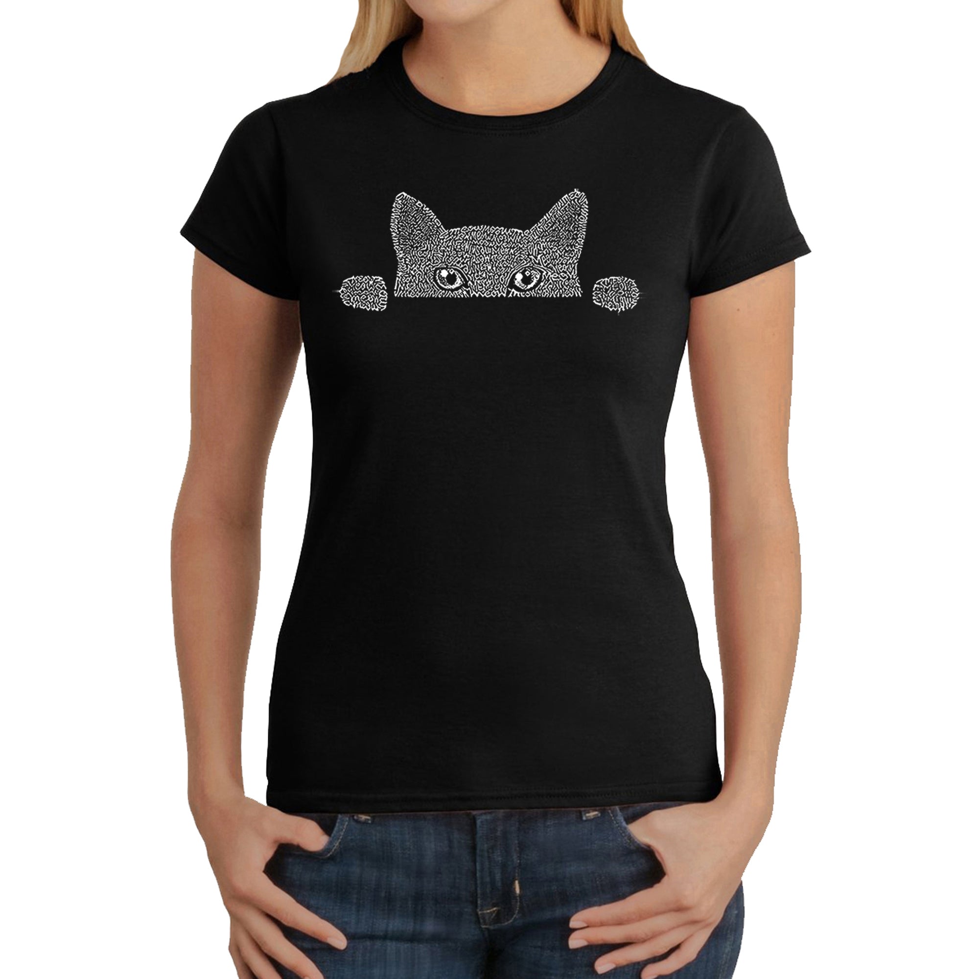 Peeking Cat - Women's Word Art T-Shirt - Black - XX-Large