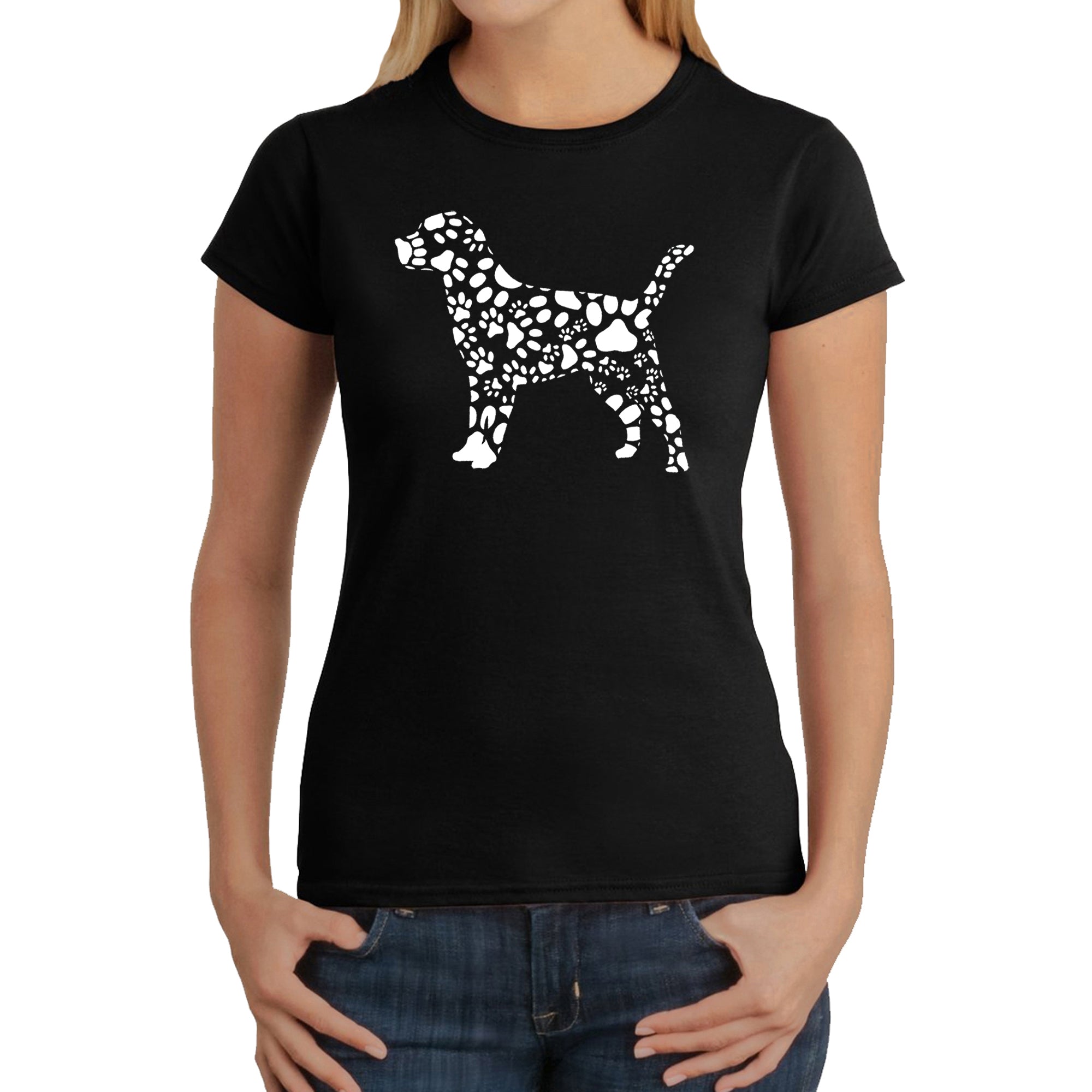 Dog Paw Prints - Women's Word Art T-Shirt - Pink - Large