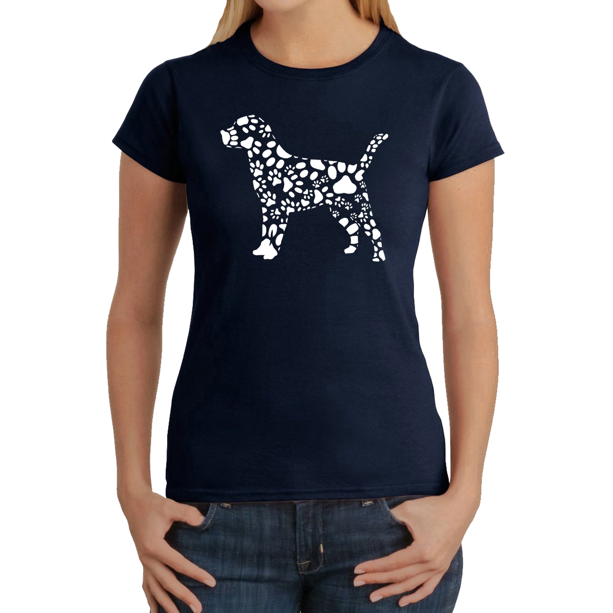 Dog Paw Prints - Women's Word Art T-Shirt - Navy - Medium