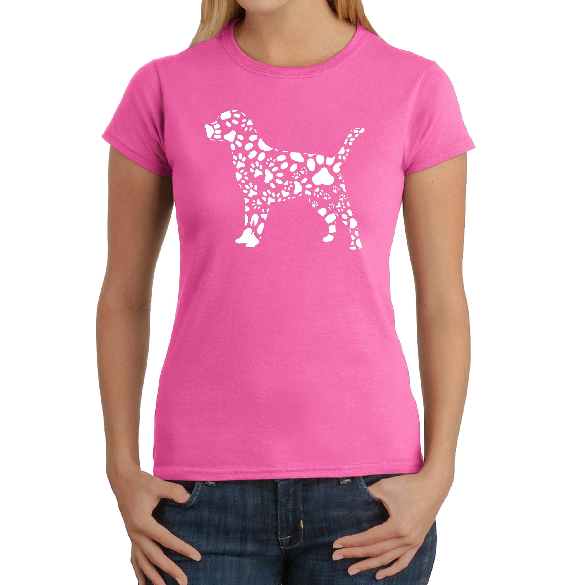 Dog Paw Prints - Women's Word Art T-Shirt - Pink - Large