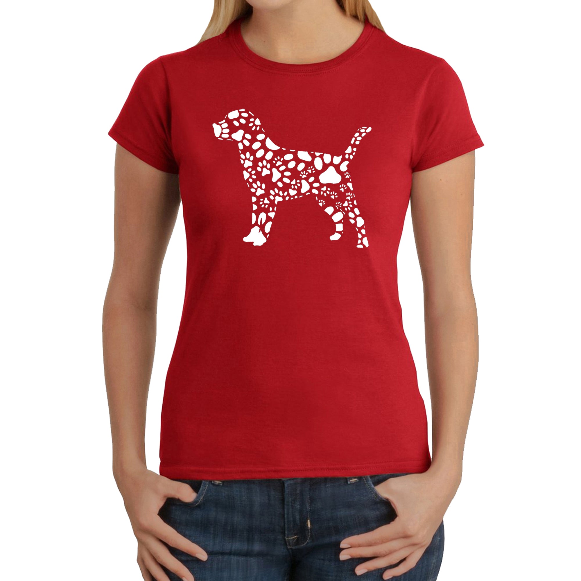 Dog Paw Prints - Women's Word Art T-Shirt - Red - Large