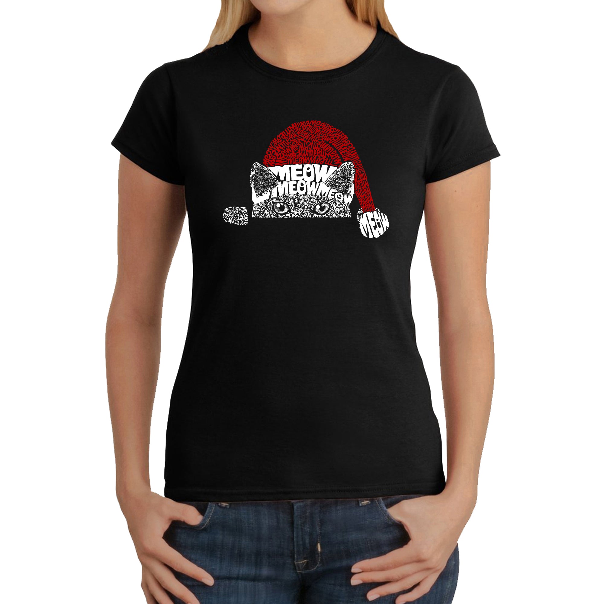 Christmas Peeking Cat - Women's Word Art T-Shirt - Red - Medium