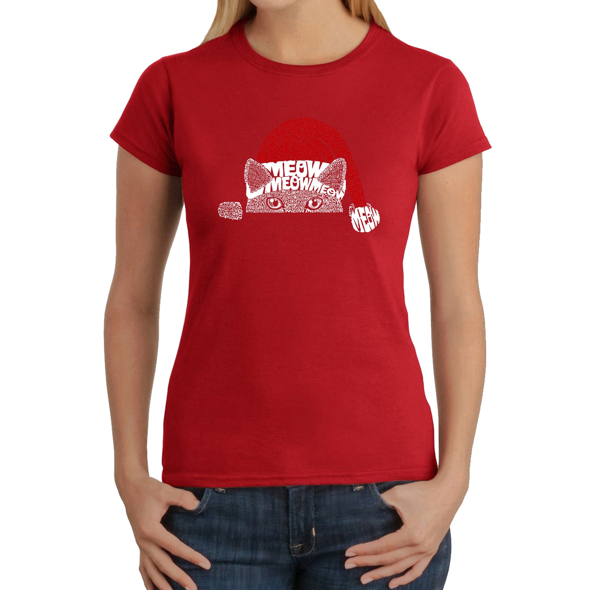 Christmas Peeking Cat - Women's Word Art T-Shirt - Red - Large