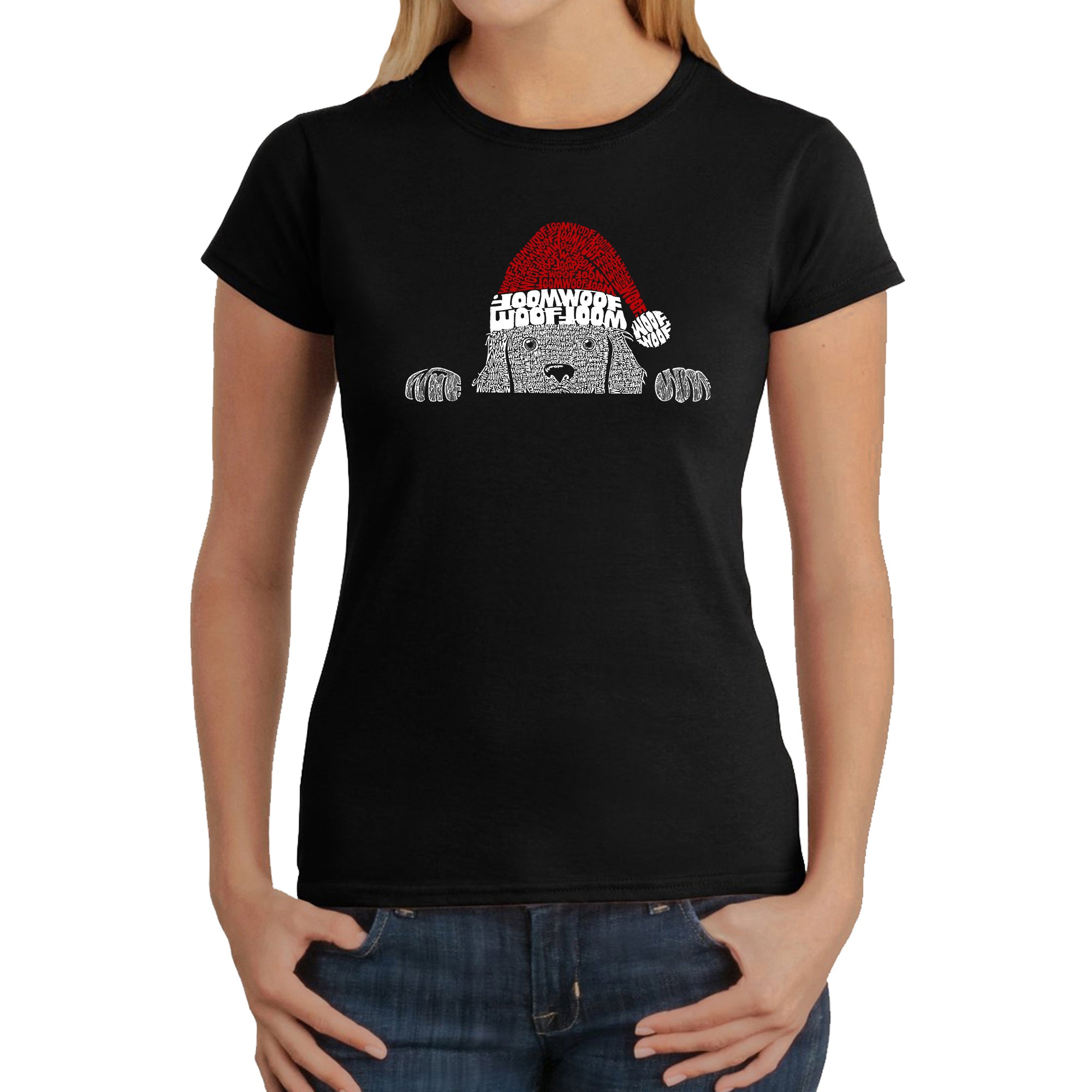 Christmas Peeking Dog - Women's Word Art T-Shirt - Red - X-Large