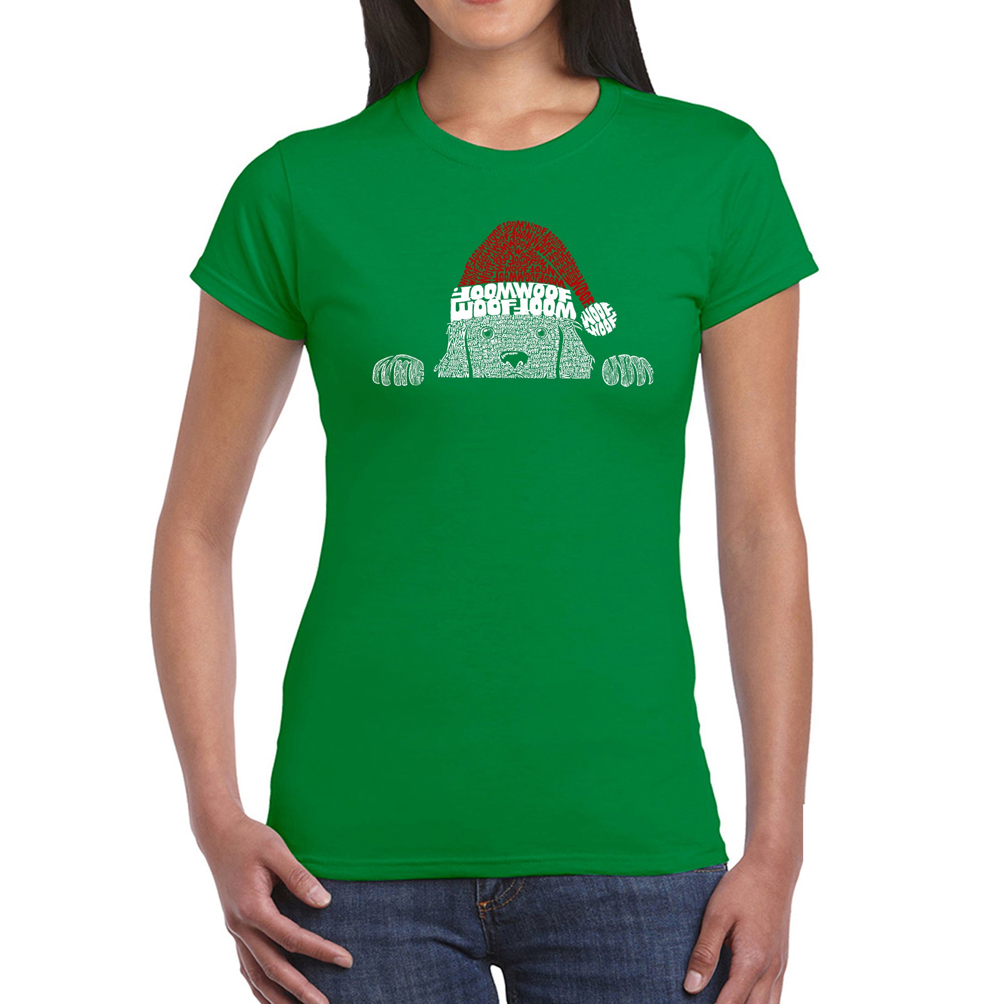 Christmas Peeking Dog - Women's Word Art T-Shirt - Kelly - Large