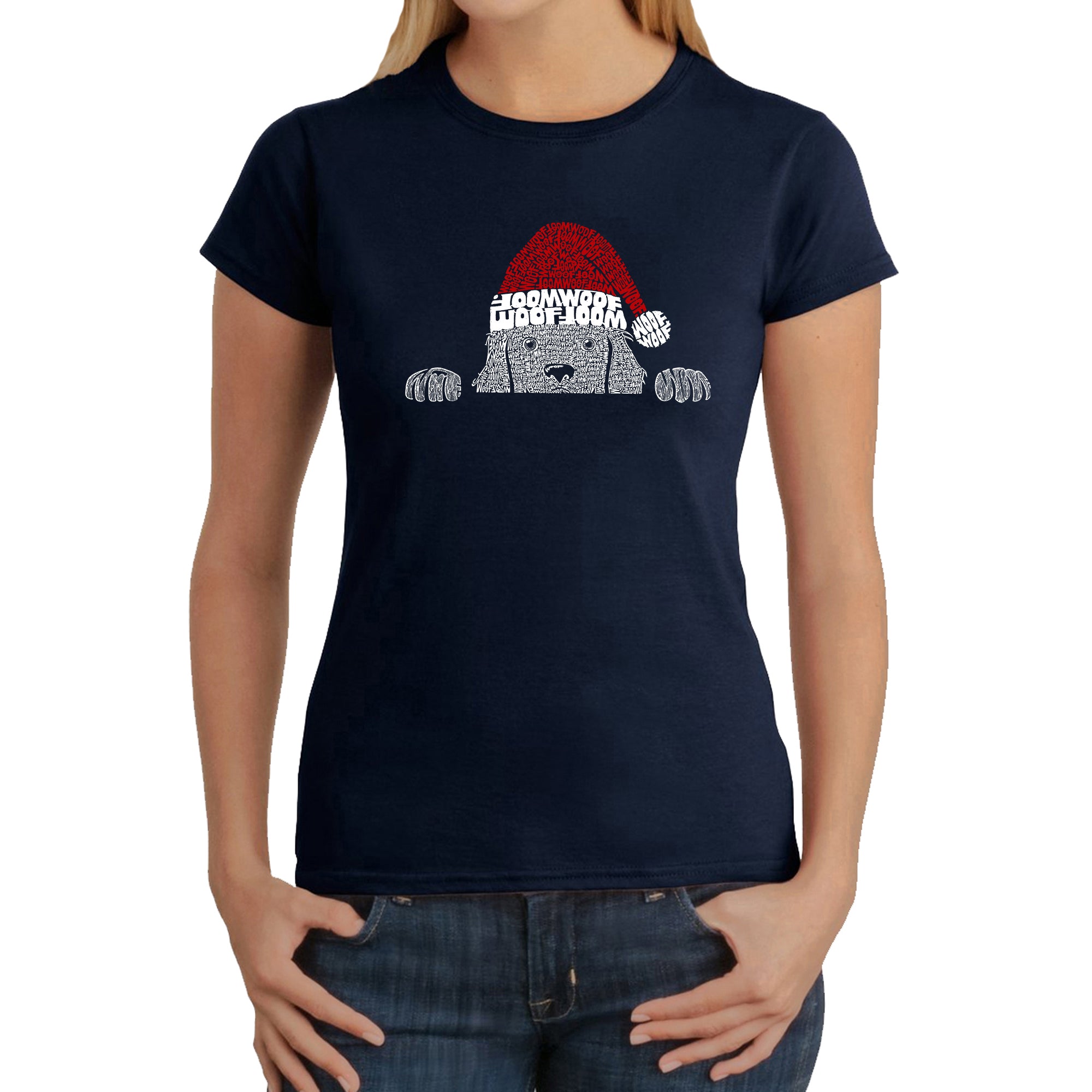 Christmas Peeking Dog - Women's Word Art T-Shirt - Navy - XX-Large