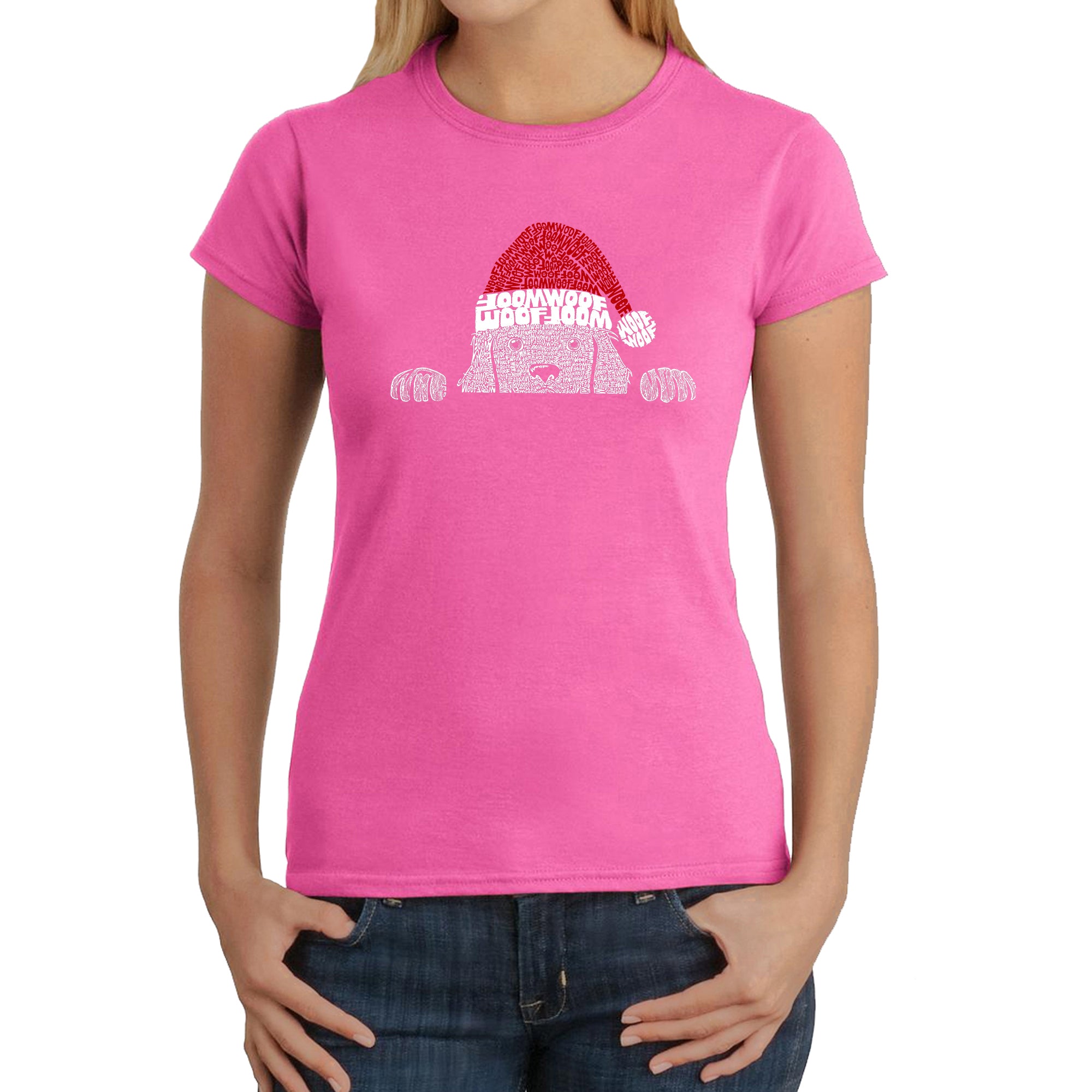 Christmas Peeking Dog - Women's Word Art T-Shirt - Pink - X-Large