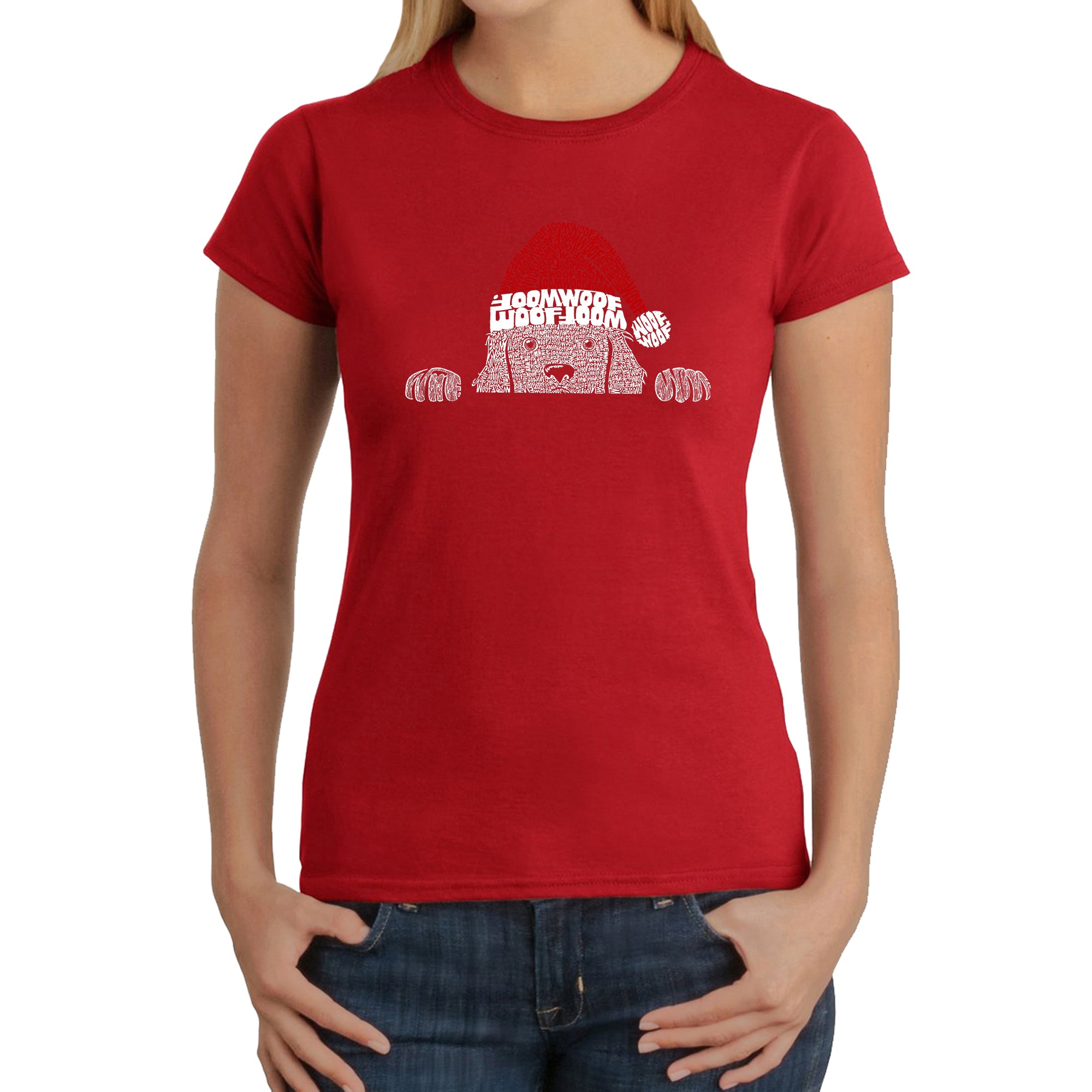 Christmas Peeking Dog - Women's Word Art T-Shirt - Red - XX-Large