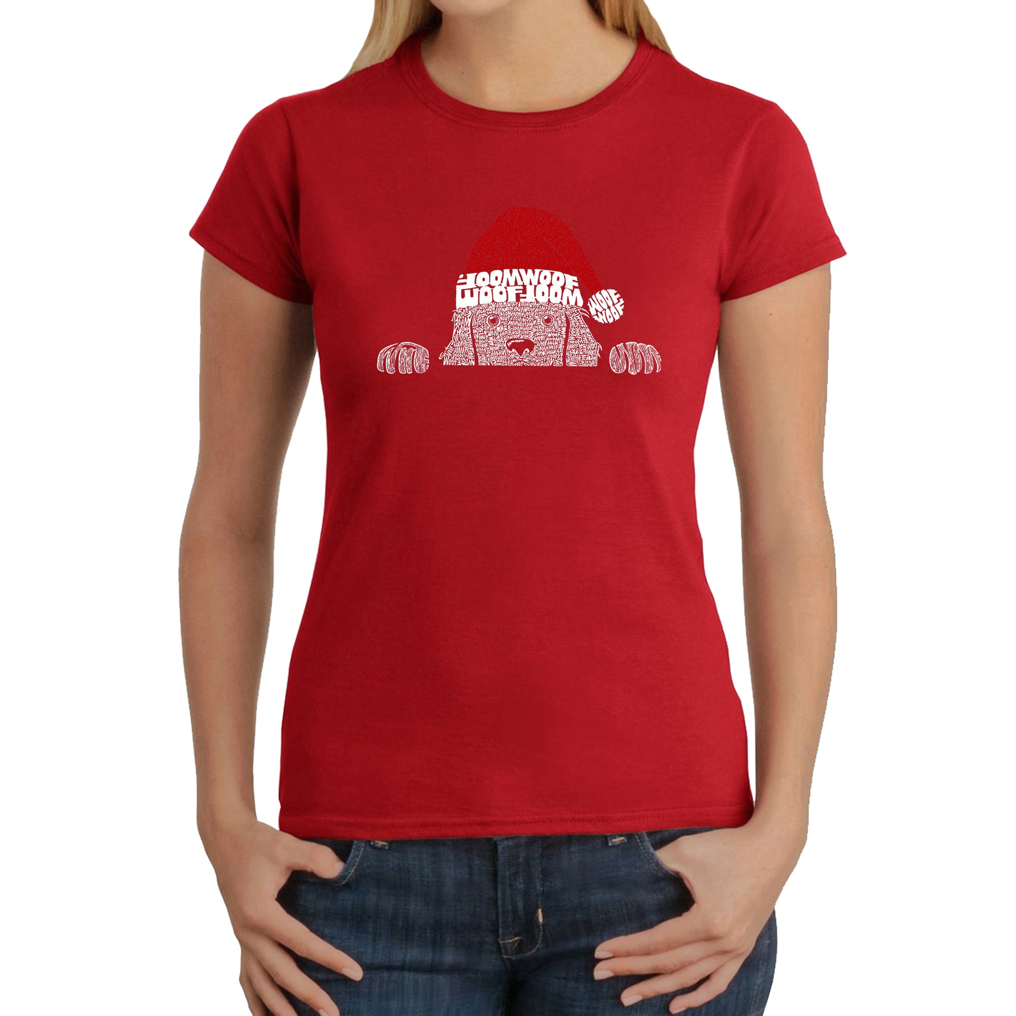 Christmas Peeking Dog - Women's Word Art T-Shirt - Red - Large