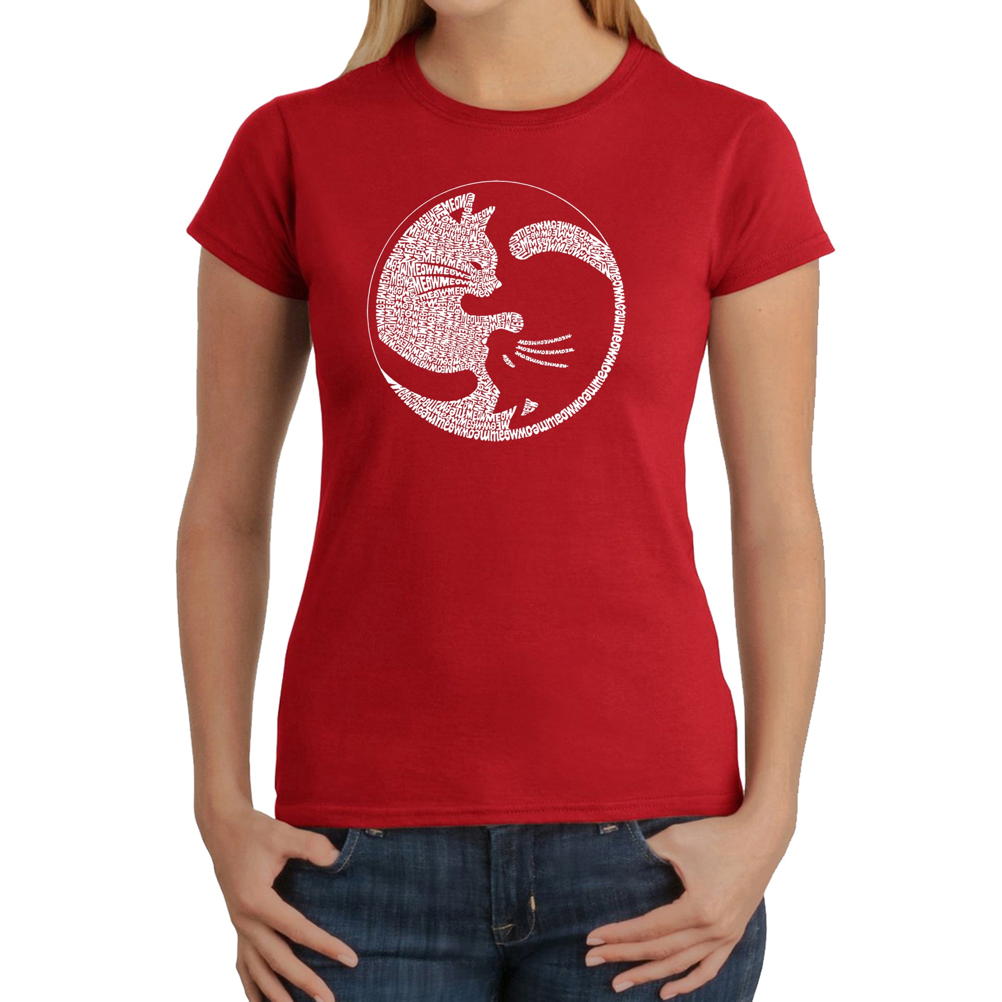Yin Yang Cat - Women's Word Art T-Shirt - Red - XS