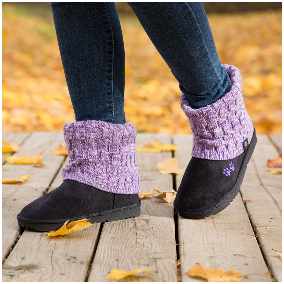 Paw Print Knit Ankle Boots - Black/Purple - 8