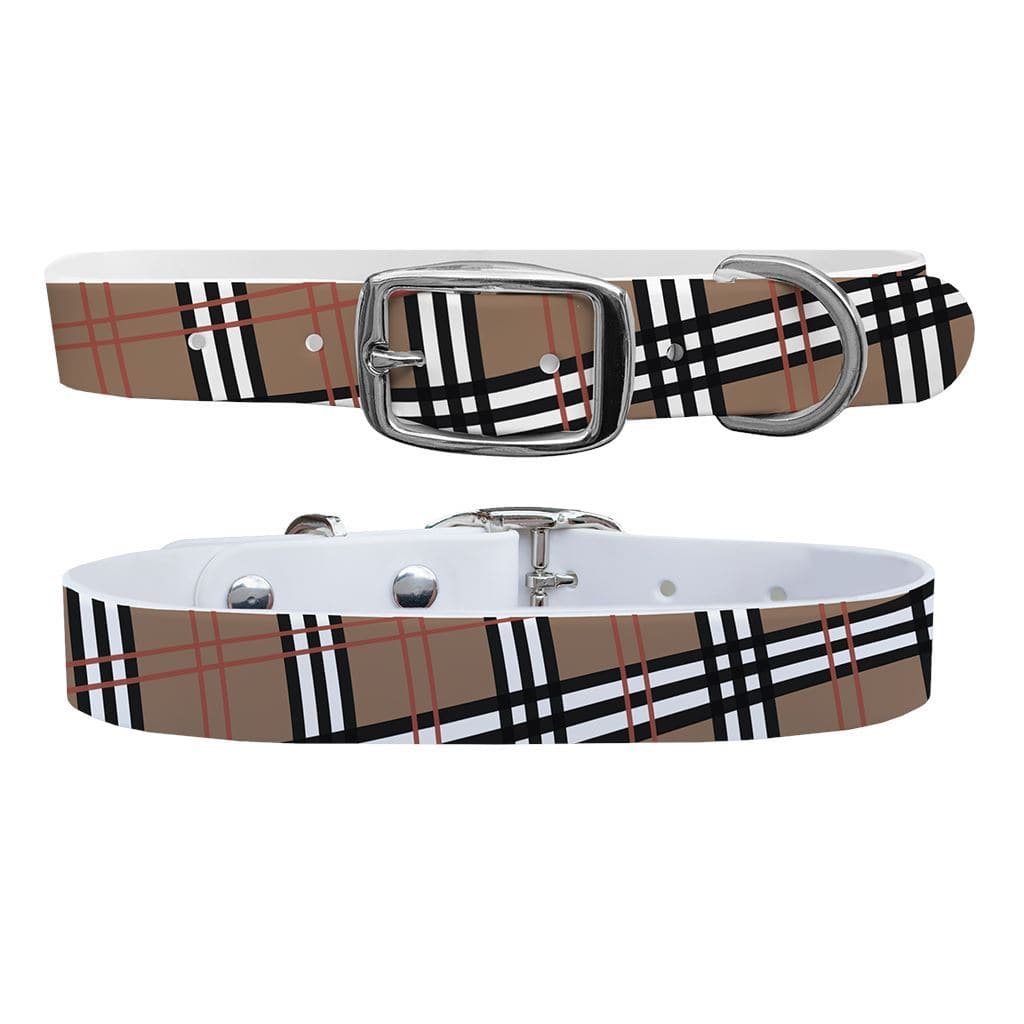 Khaki Plaid Dog Collar With Silver Buckle - Large