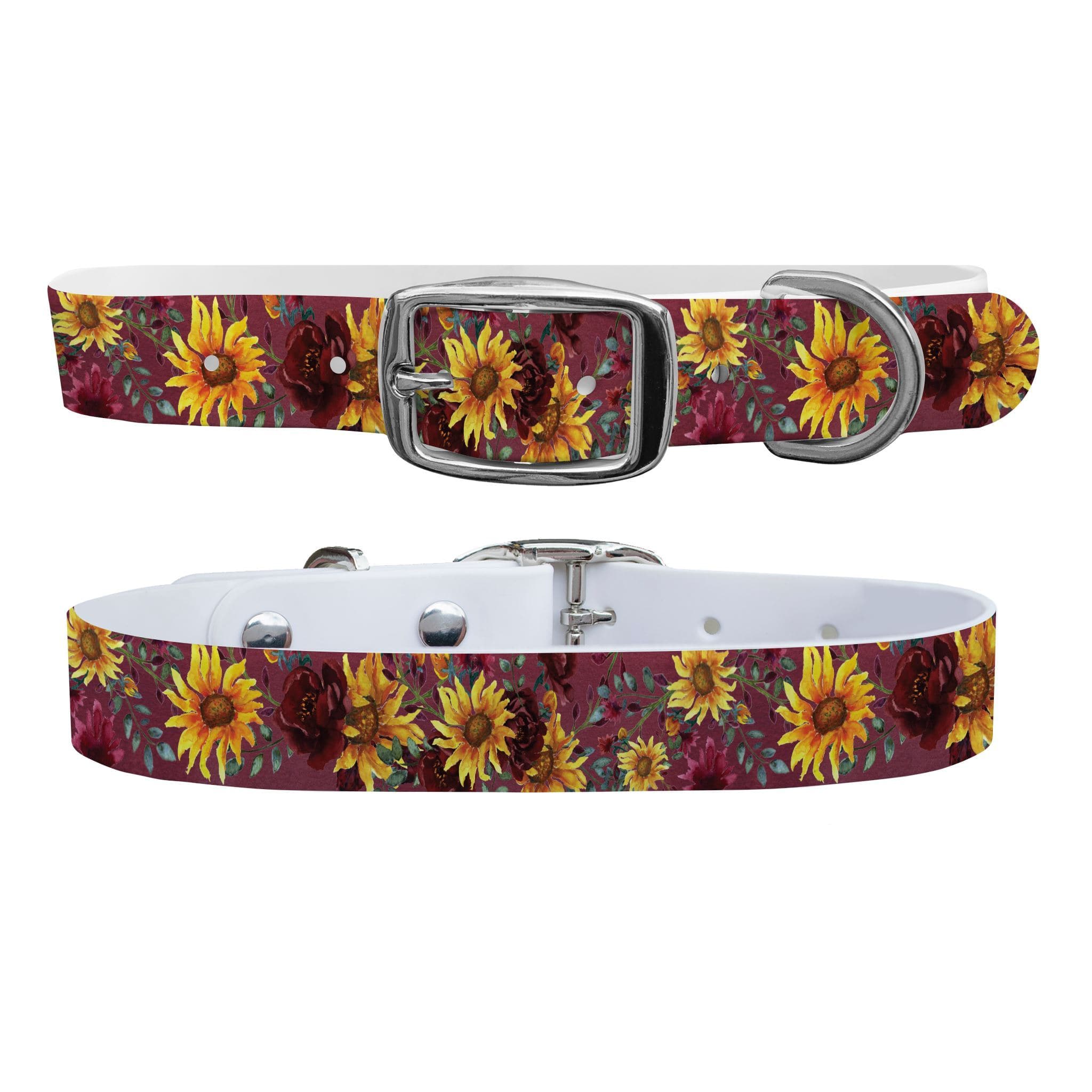 Merlot Sunflowers Dog Collar With Silver Buckle - X-Large