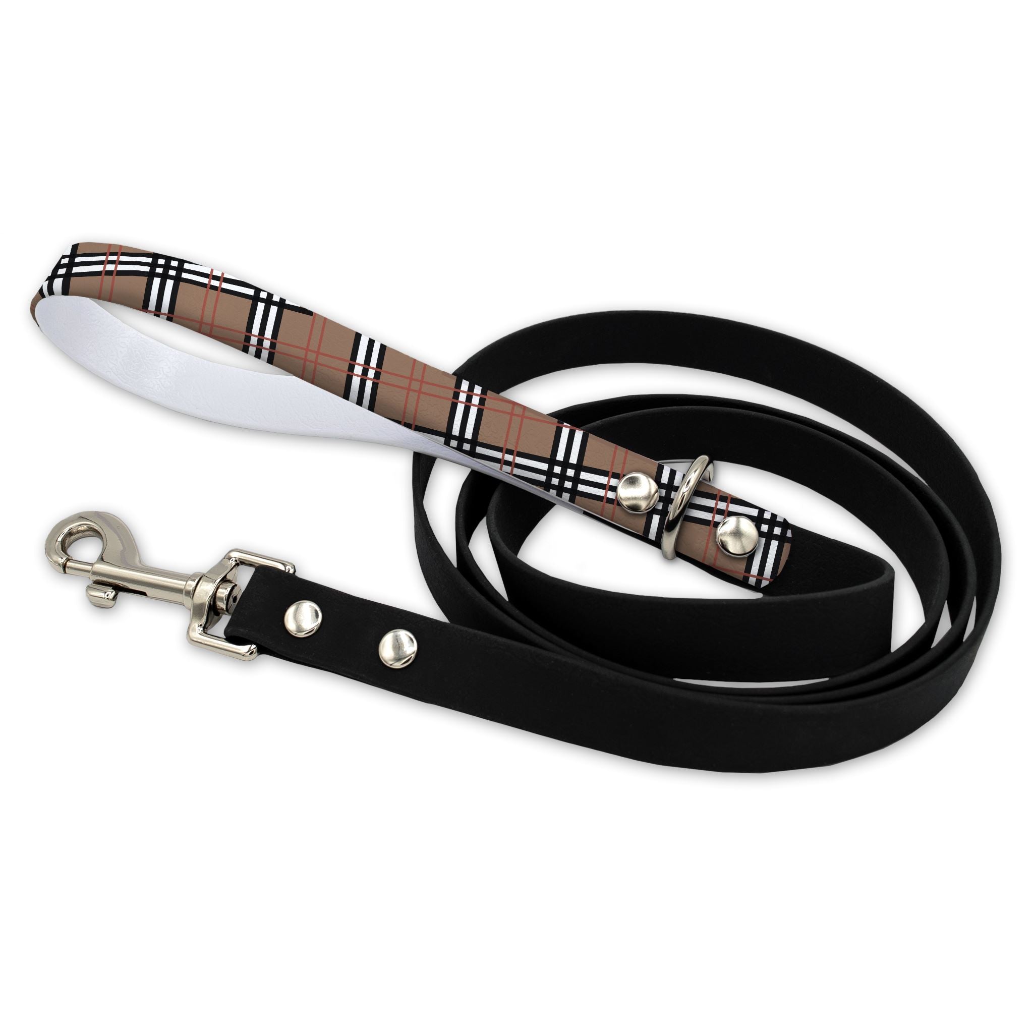 Khaki Plaid Waterproof Leash With Silver Snap Hook