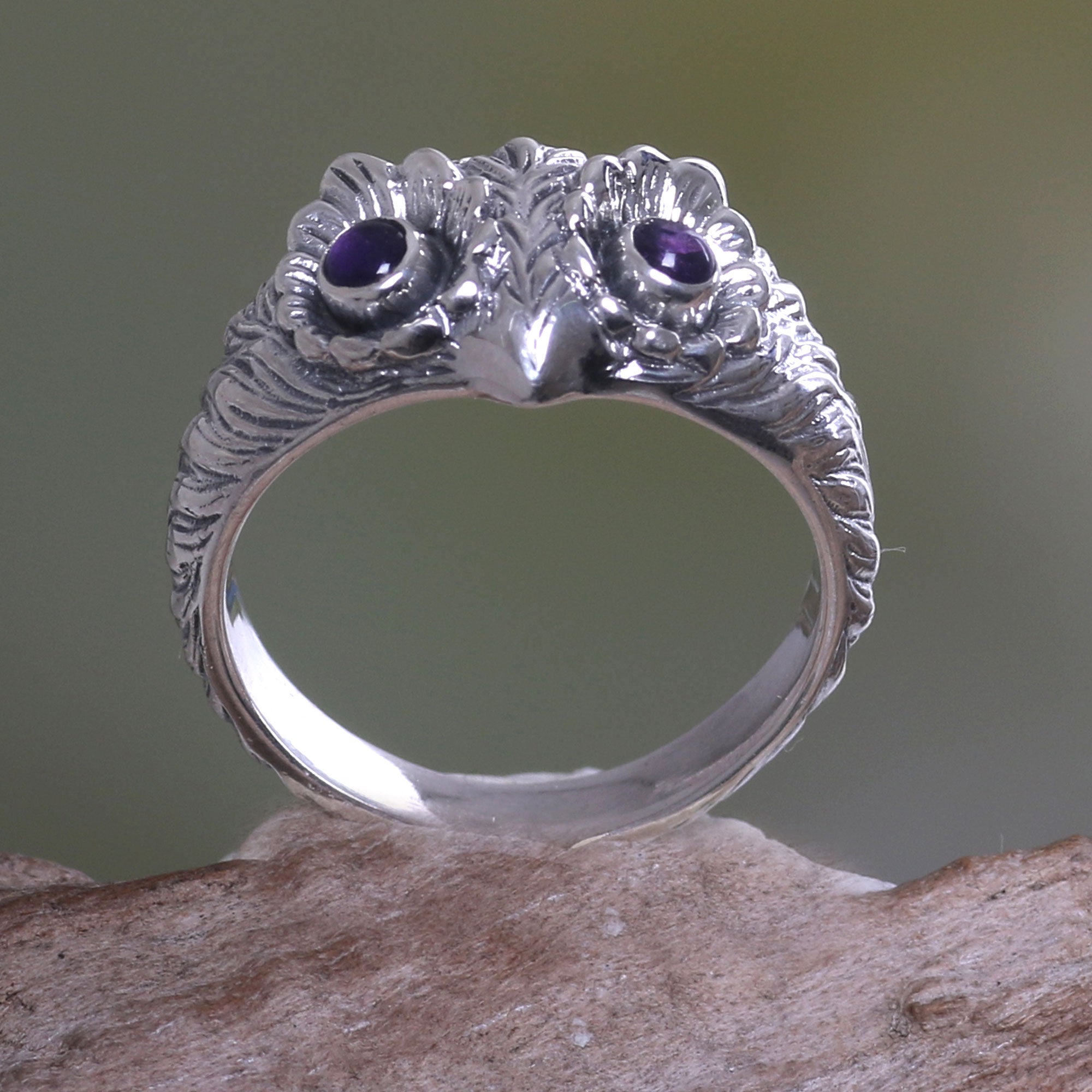NOVICA Owl Wisdom Amethyst & Silver Band Ring - Size 9