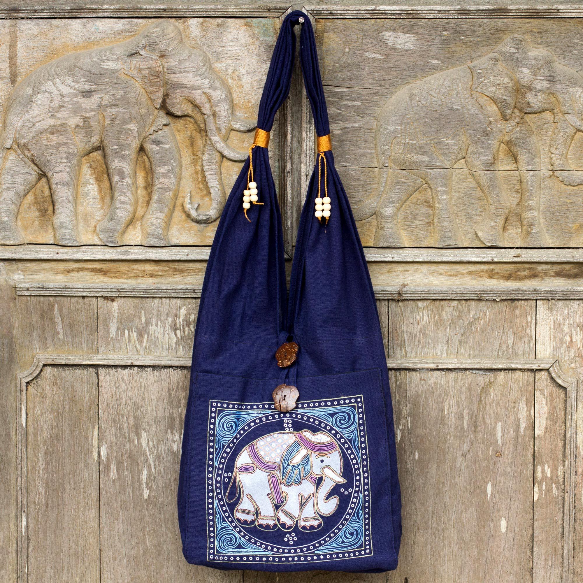 NOVICA Lucky Elephant Embroidered Blue Shoulder Bag