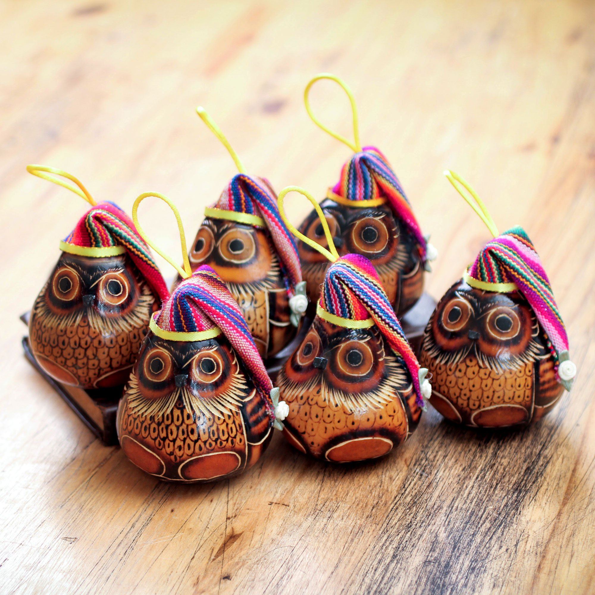 NOVICA Christmas Owls Gourd Ornaments - Set Of 6