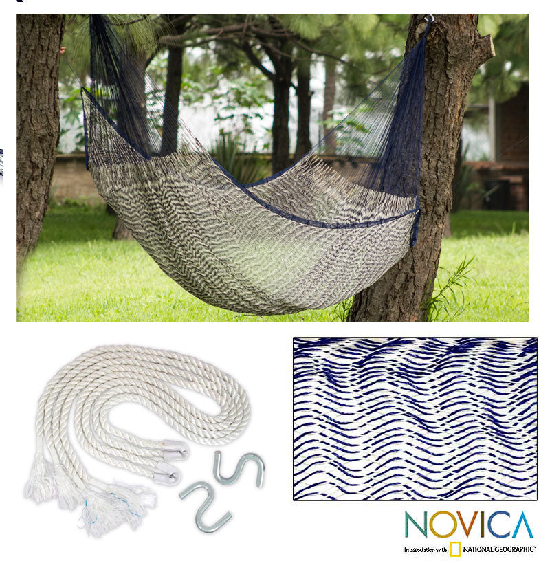 NOVICA Ocean Waves Single Person Nylon Rope Hammock