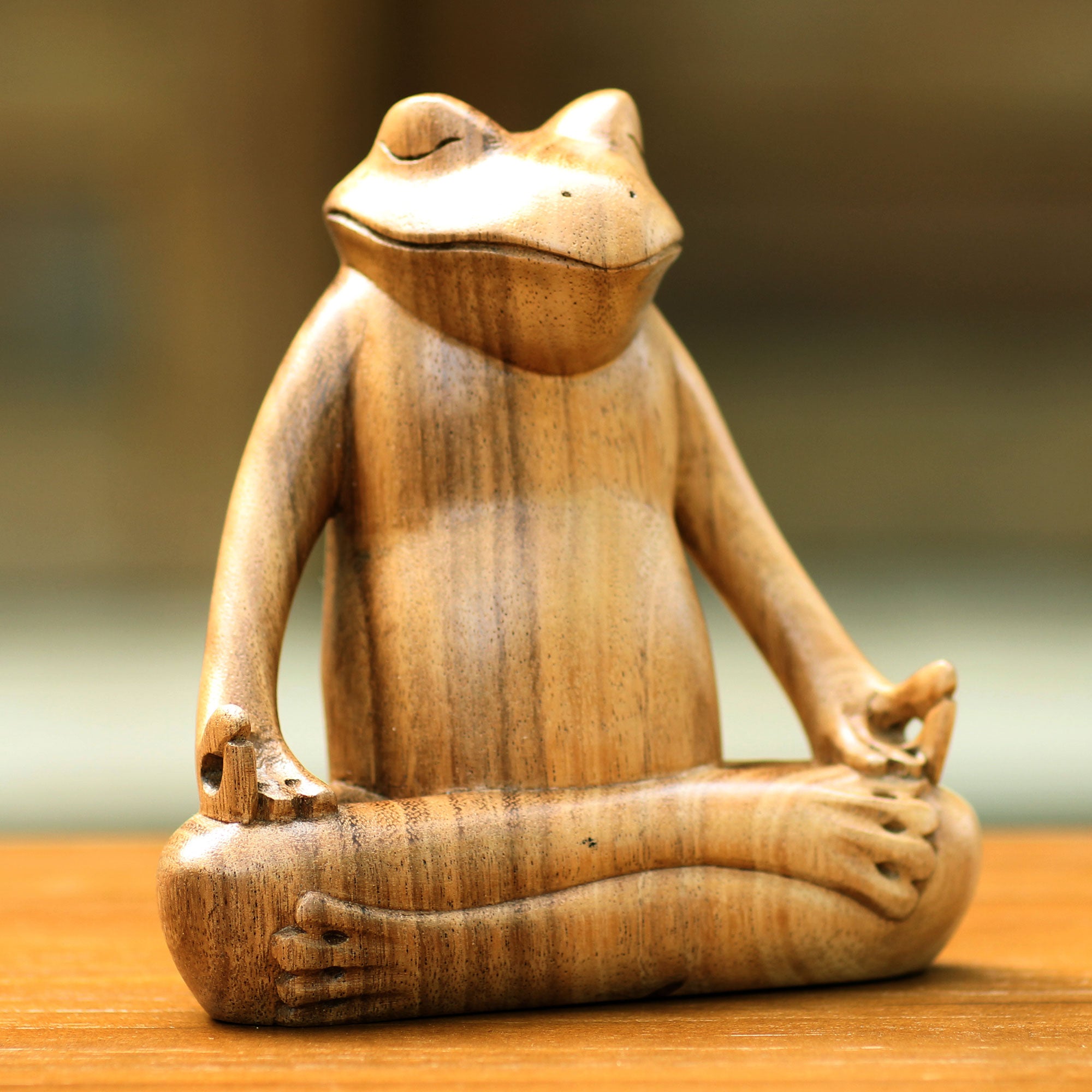 NOVICA Frog Meditates Suar Wood Sculpture