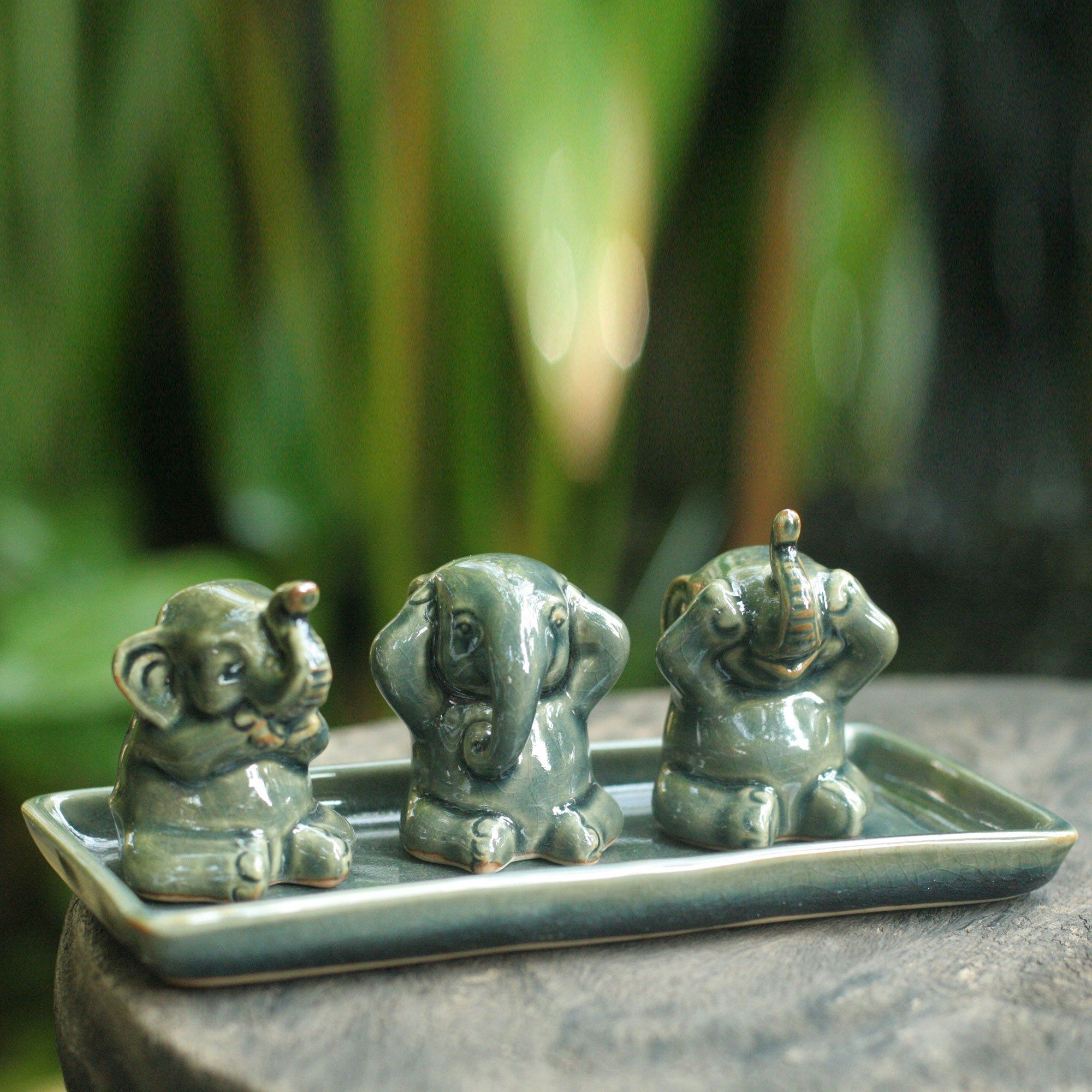 NOVICA Green Celadon Elephant Figurine Sculpture