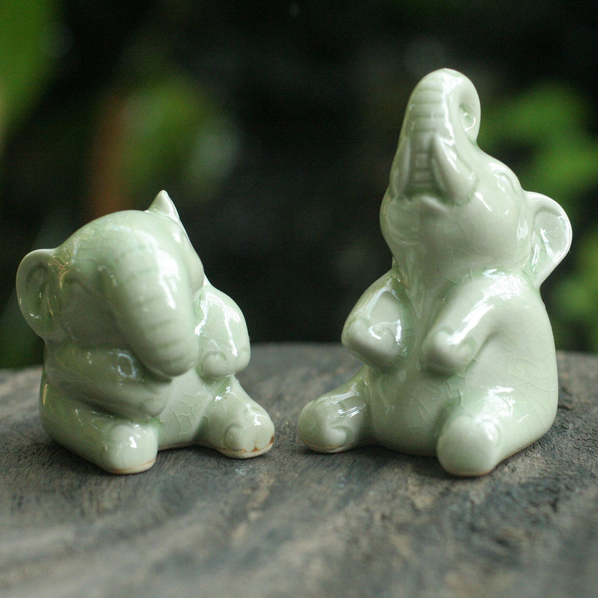 NOVICA Happy Green Elephants Hand Made Celadon Ceramic Sculptures (Pair)