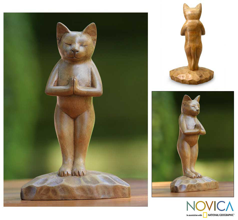 NOVICA Cat Gives Thanks Suar Wood Sculpture