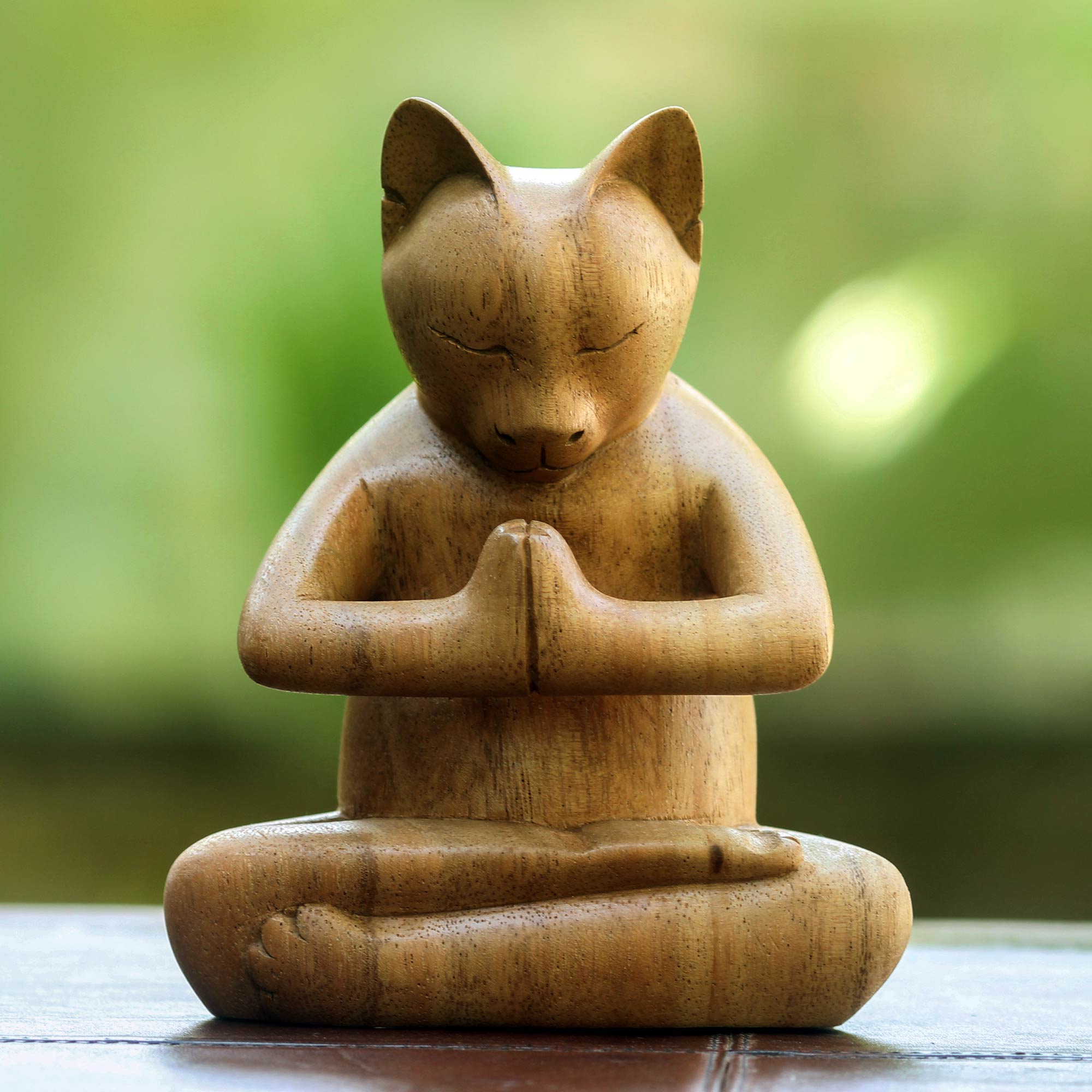 NOVICA Kitty Cat Prayer Suar Wood Yoga Sculpture