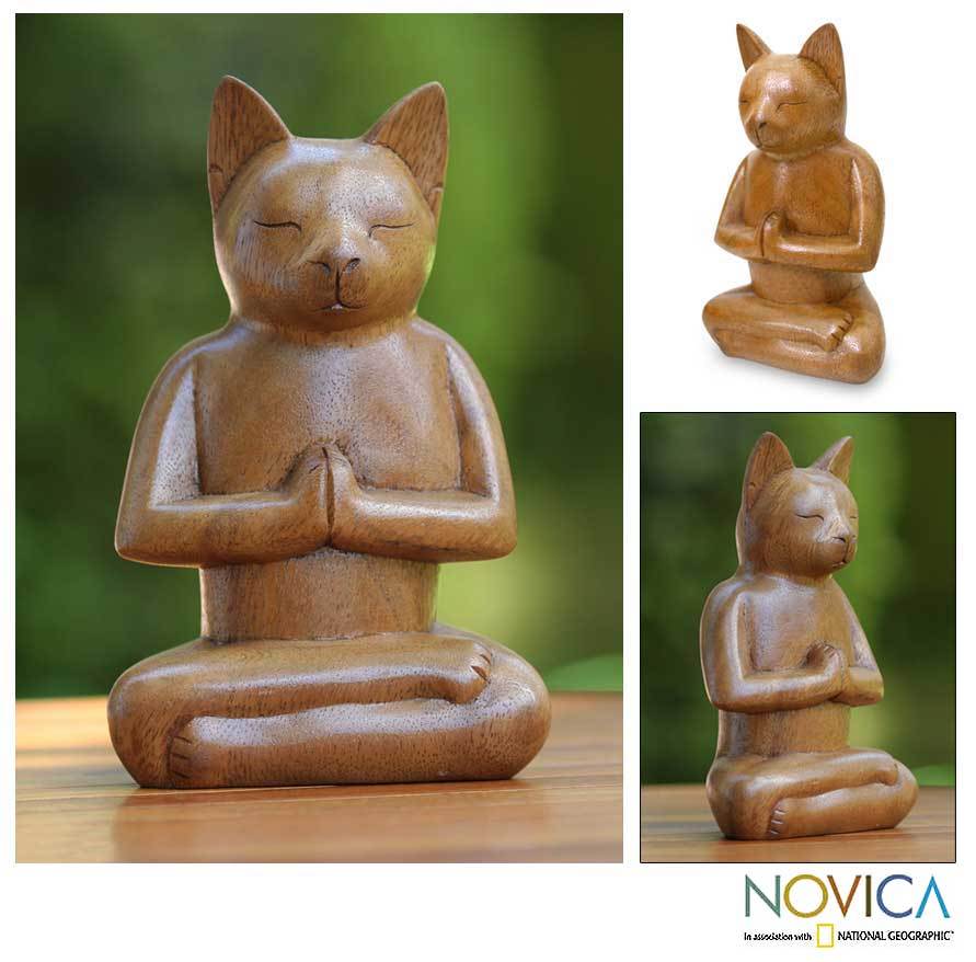 NOVICA Cat In Meditation Suar Wood Sculpture