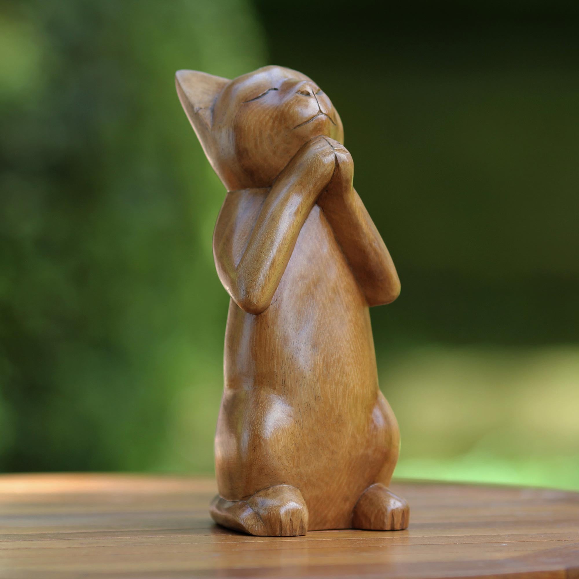 NOVICA Wishing Cat Suar Wood Sculpture