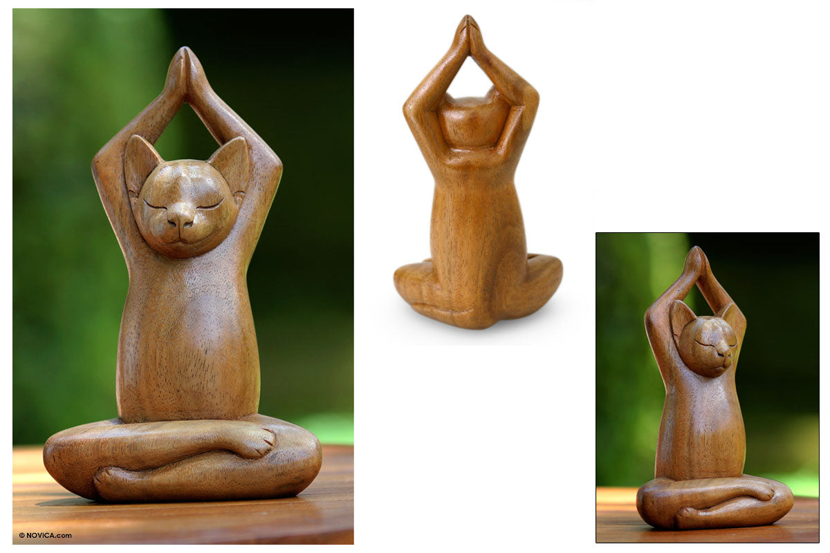 NOVICA Lotus Pose Yoga Cat Wood Sculpture Yoga