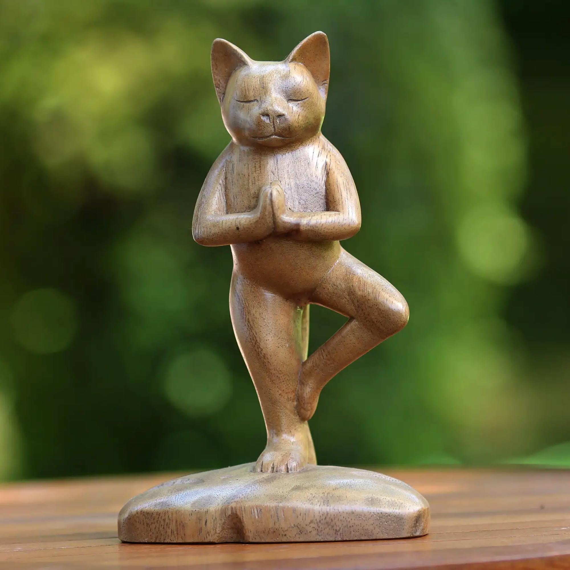 NOVICA Tree Pose Yoga Cat Original Wood Statuette