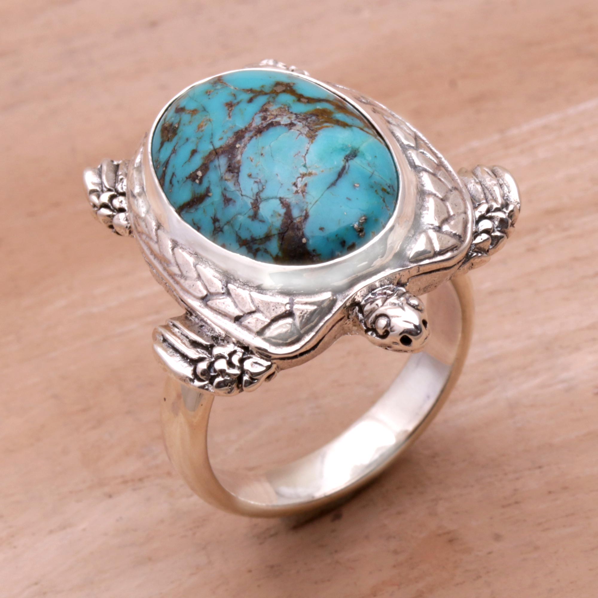 NOVICA Chelonia Turtle Men's Sterling Silver And Reconstituted Turquoise Ring - 7