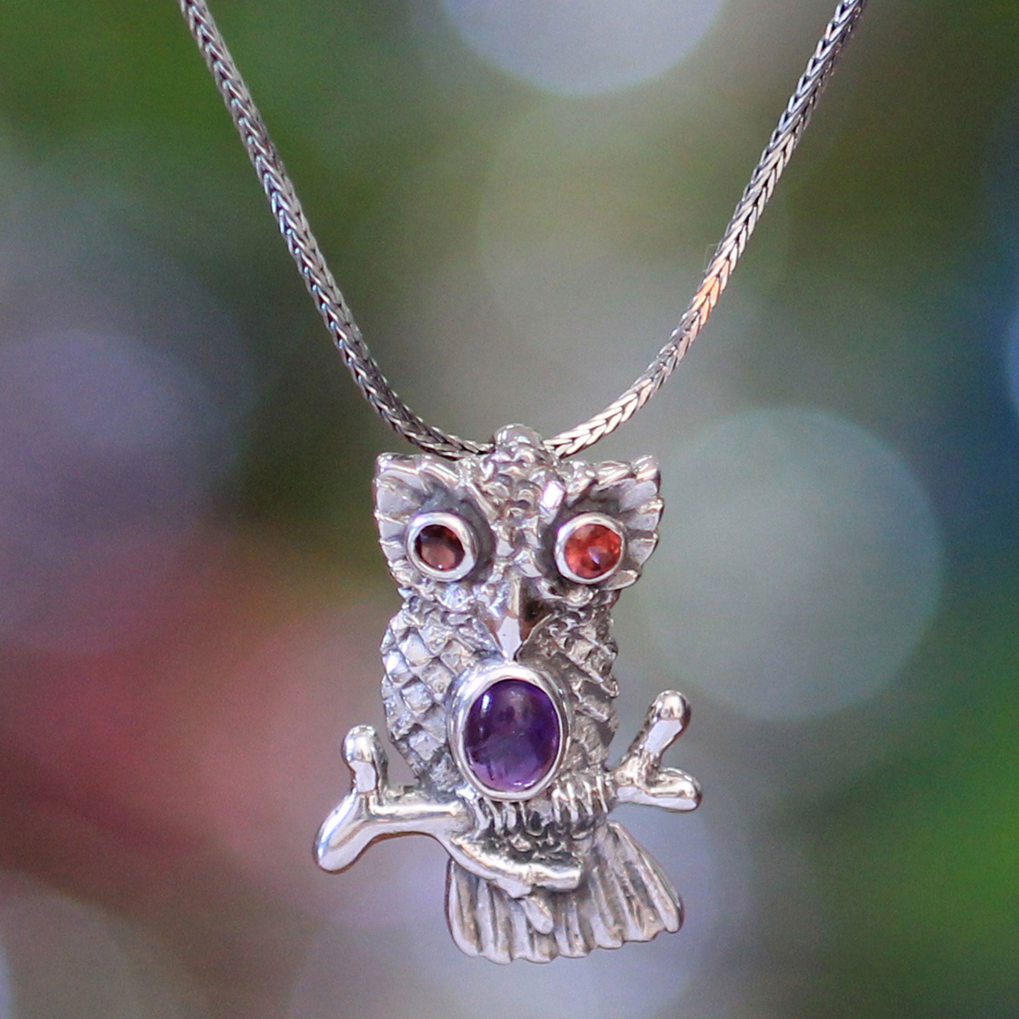 NOVICA Wise Owl Garnet & Sterling Silver Necklace