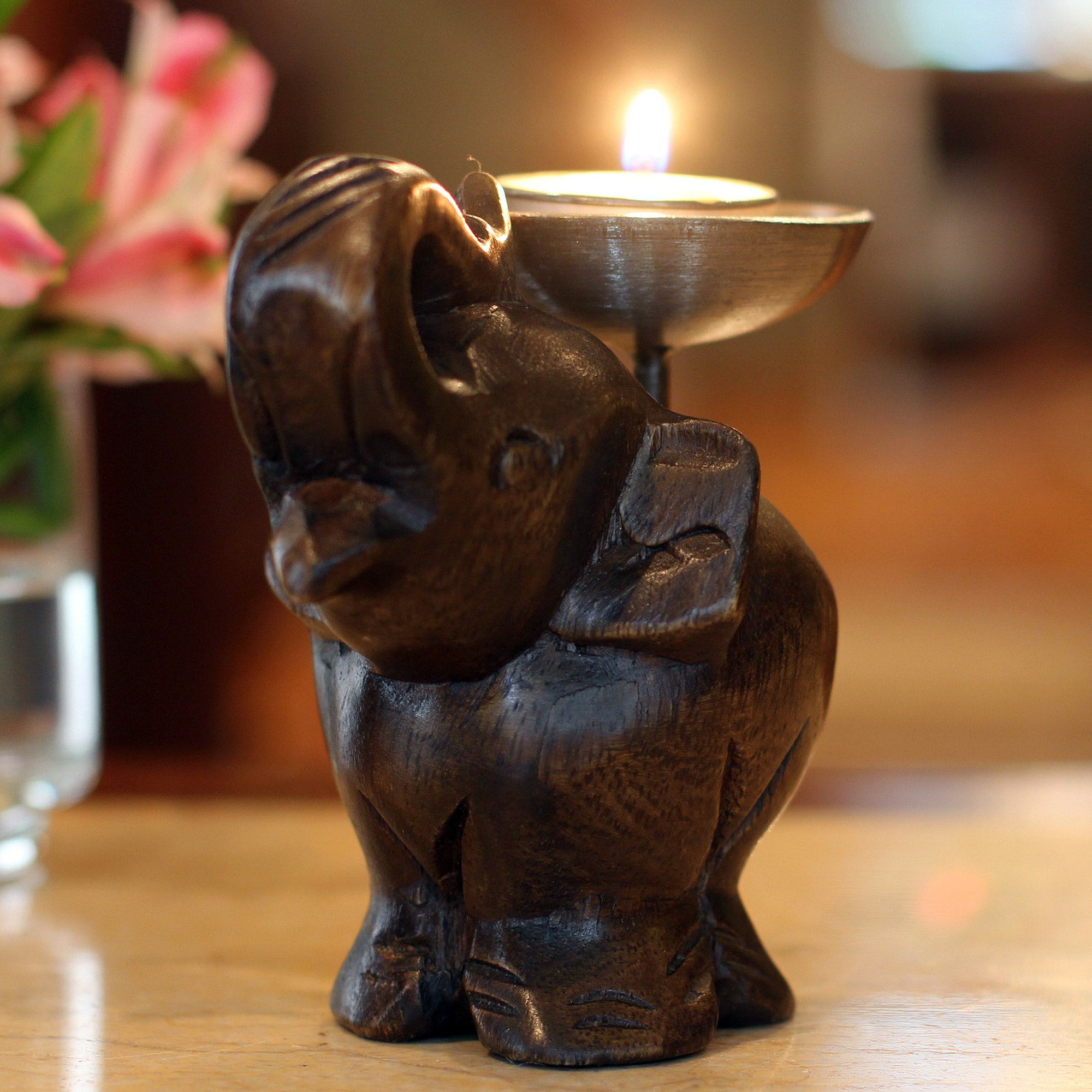 NOVICA Elephant Of Old Siam Fair Trade Mango Wood Candle Holder