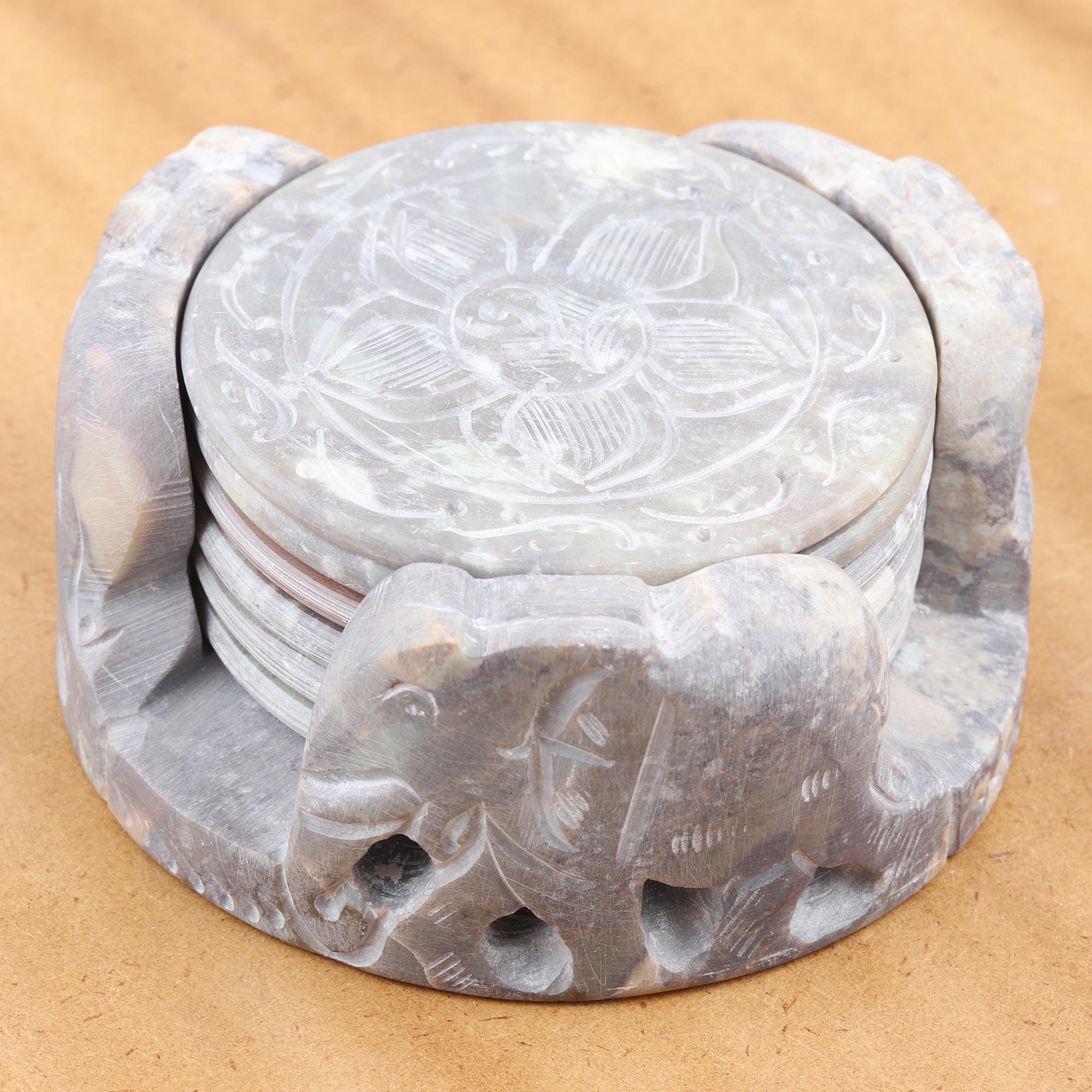 NOVICA Elephant Rose Fair Trade Marble Coaster Elephant Barware Set Of 6