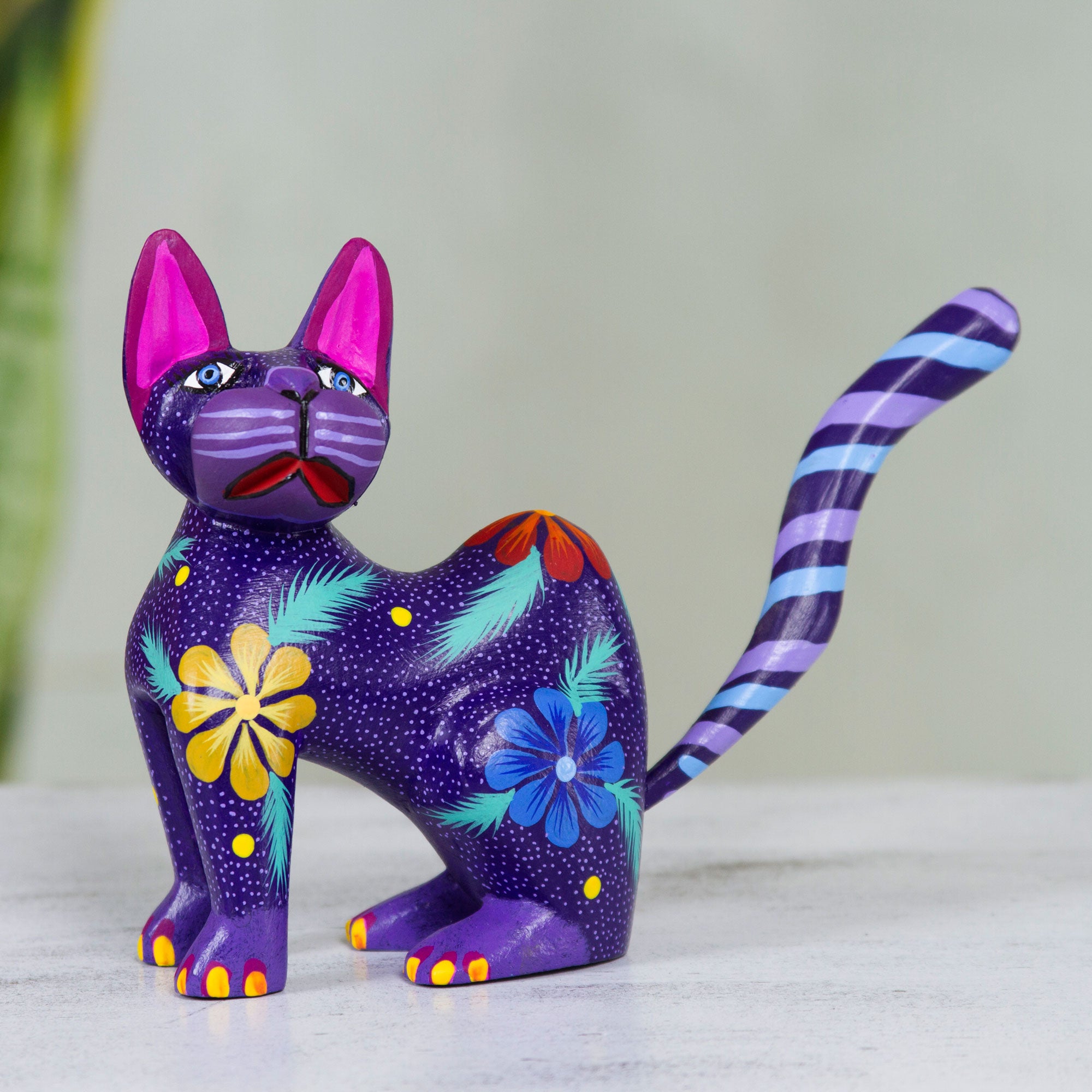 NOVICA Magical Cat Hand Crafted Purple Wood Kittycat Folk Art Sculpture