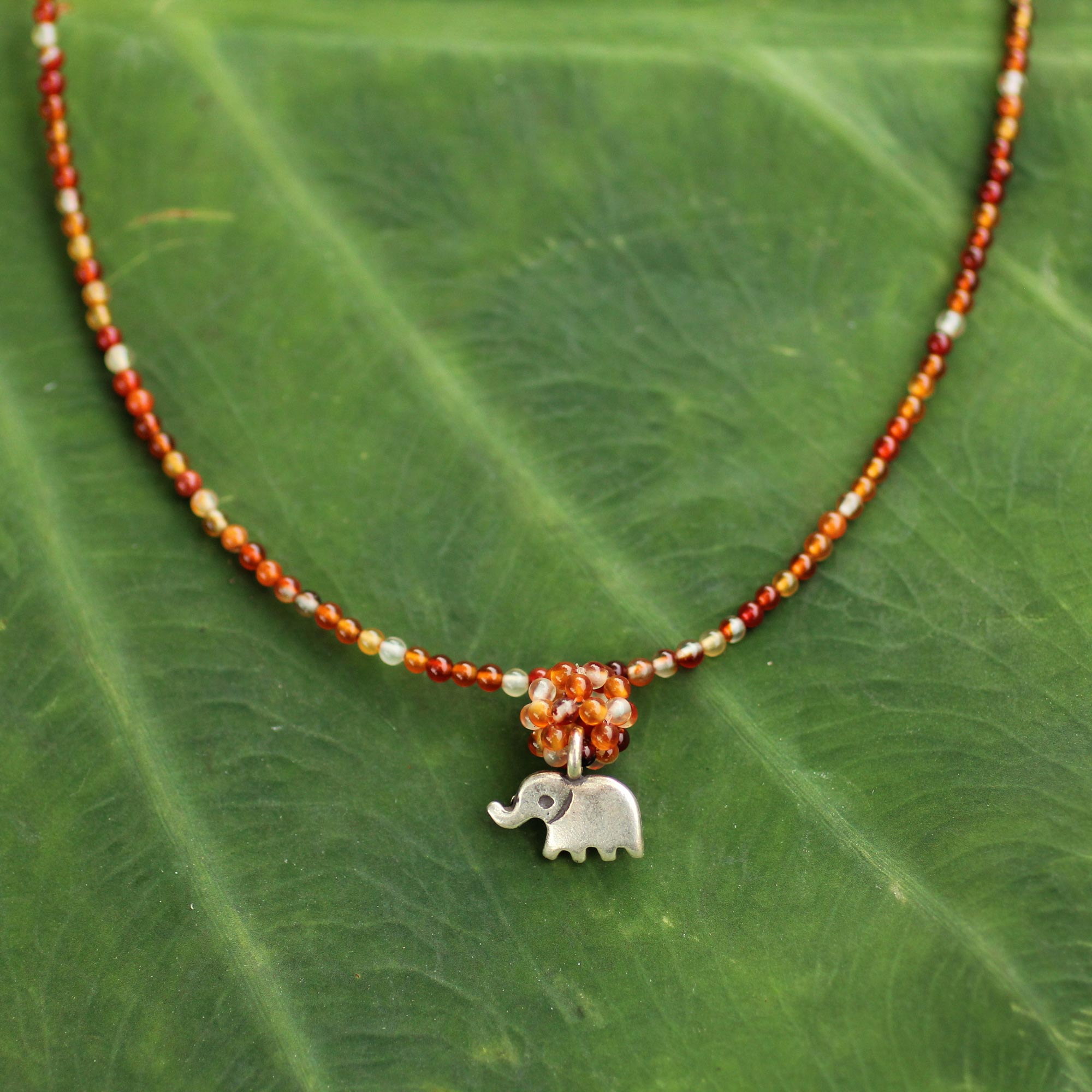 NOVICA Elephantine Charm Hand Made Beaded Carnelian Necklace