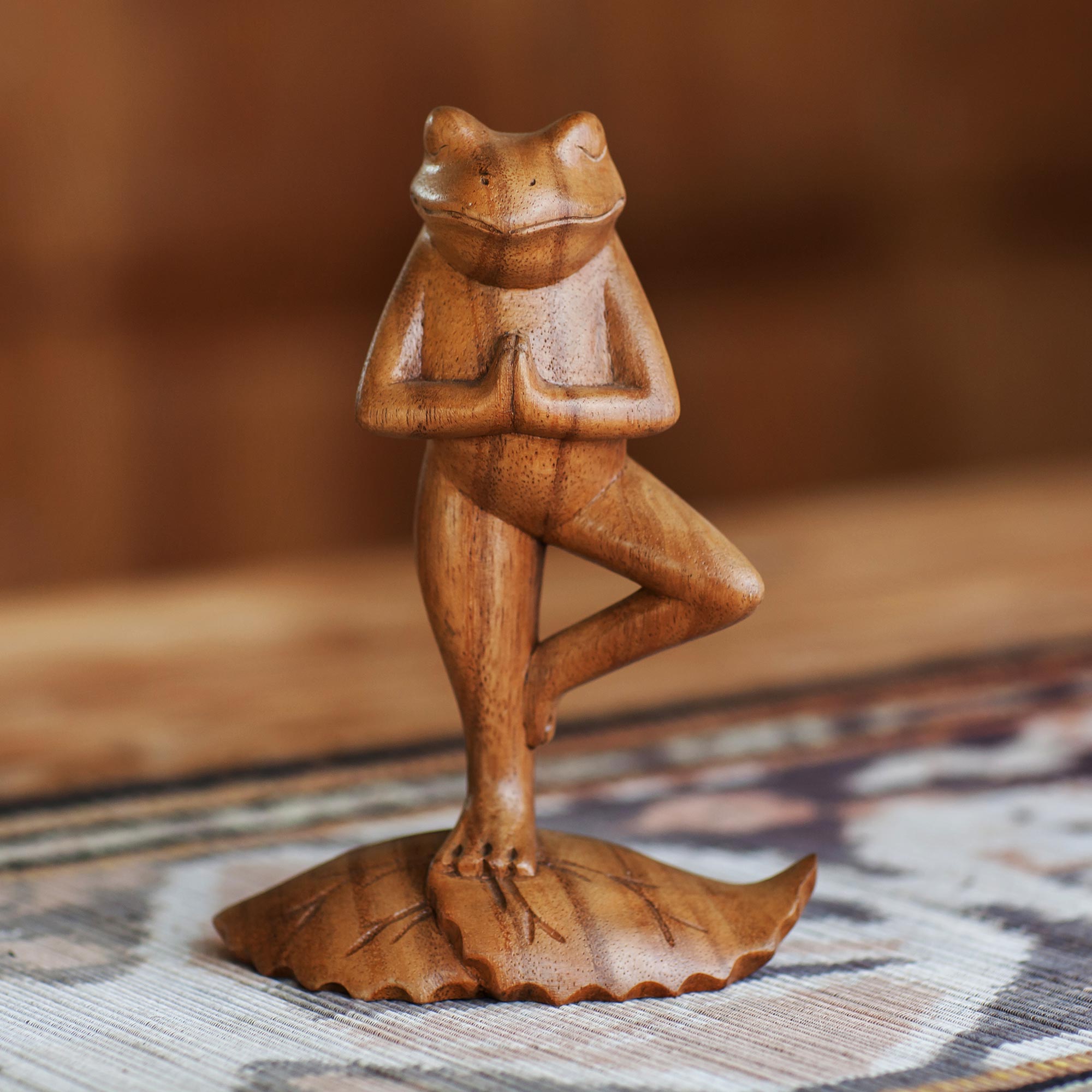 NOVICA Tree Pose Yoga Frog Wood Sculpture