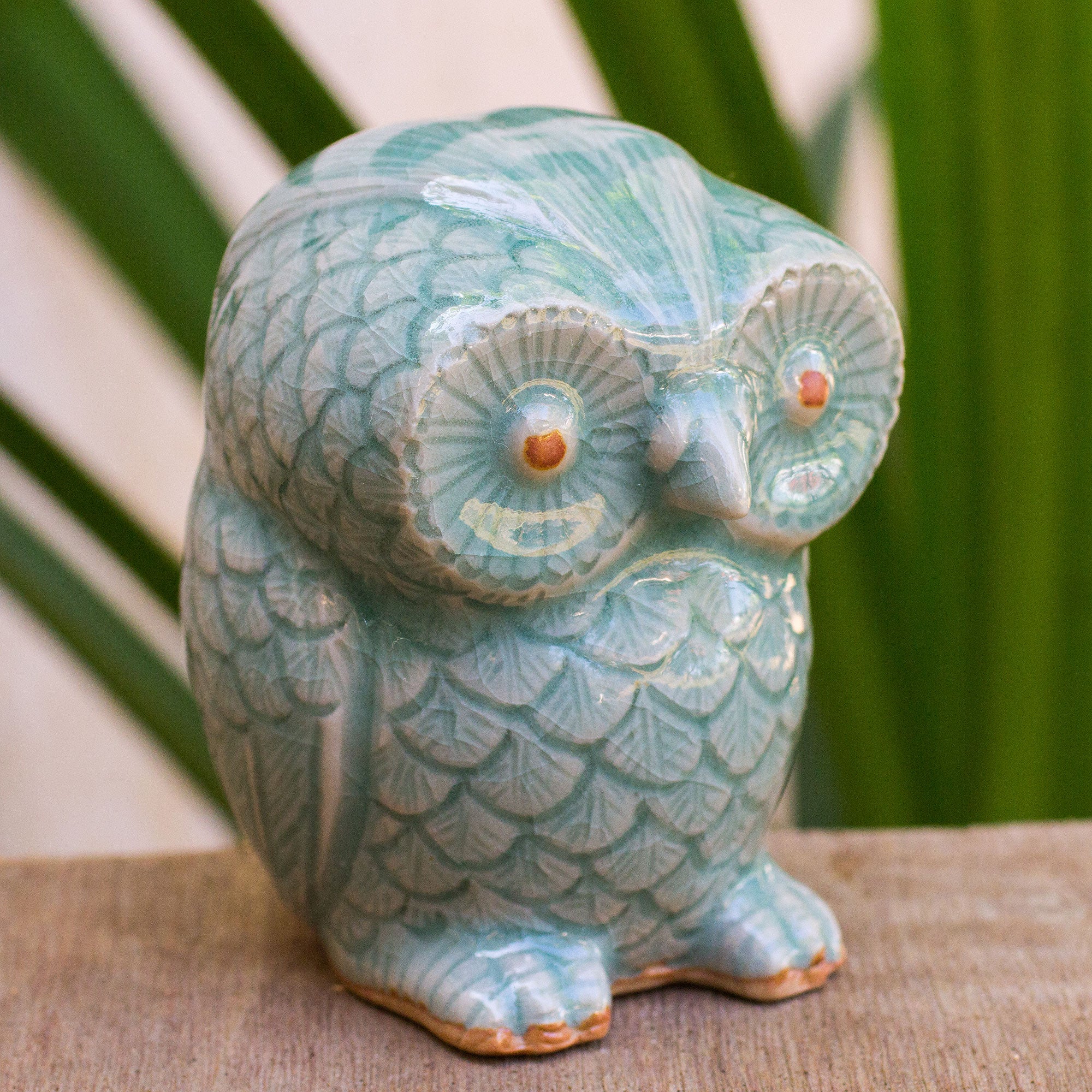 NOVICA Little Blue Owl Ceramic Figurine