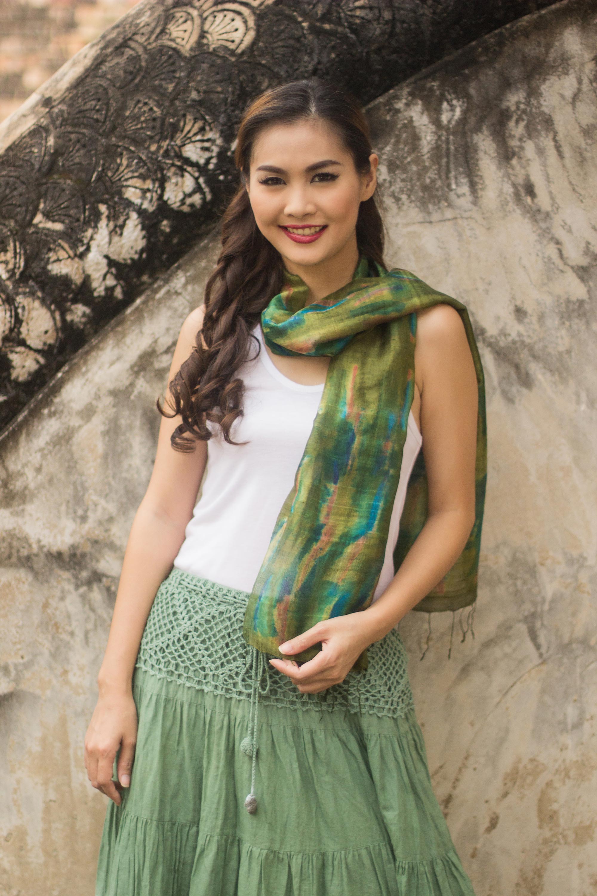 NOVICA Green Thai River Tie Dye Green And Blue Silk Scarf From Thailand
